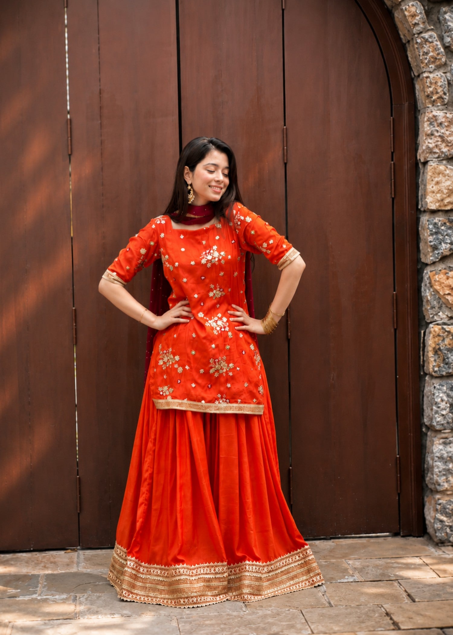 raw silk Sharara in Burnt orange