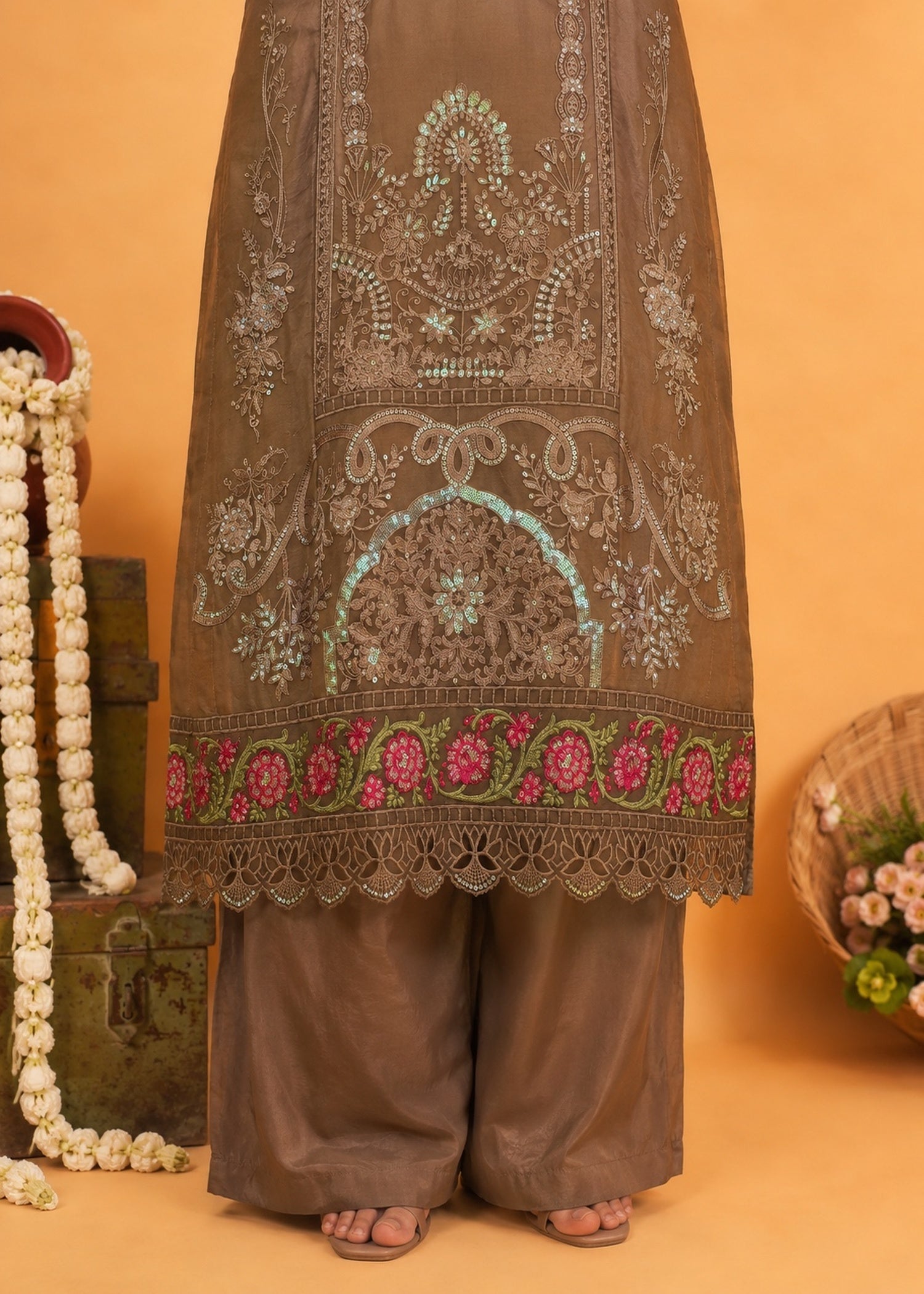 organza Kurta Set in Mocha brown