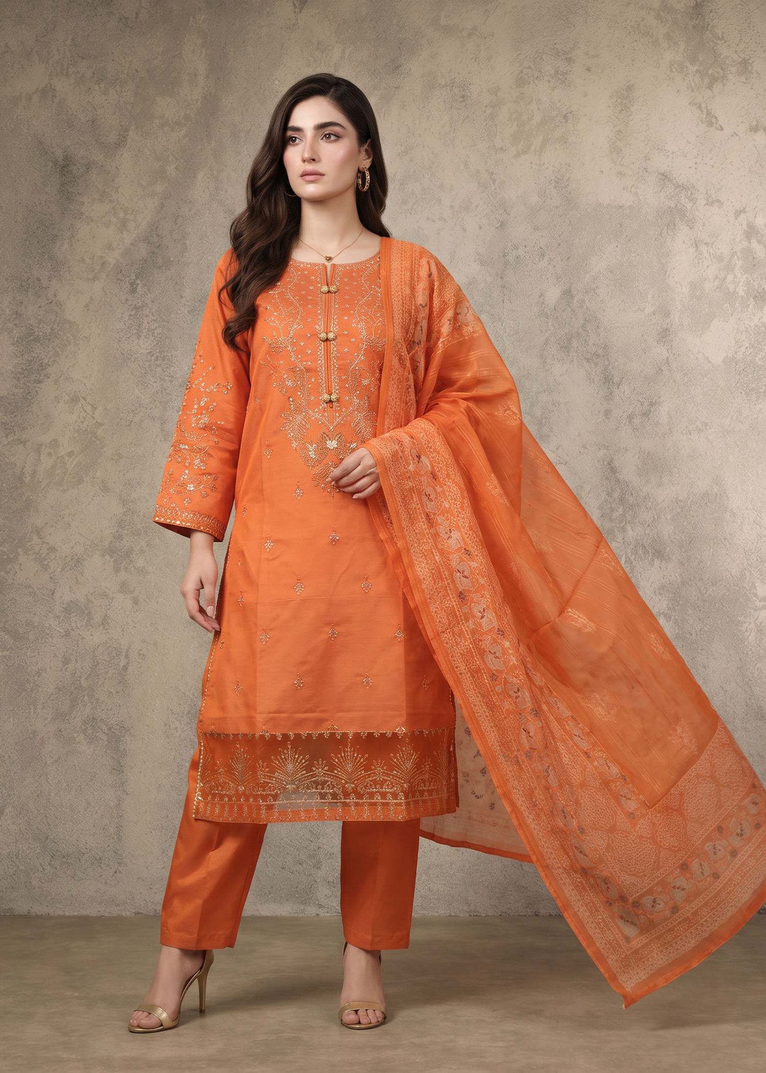 khaddi net Kurta Set in Coral pink