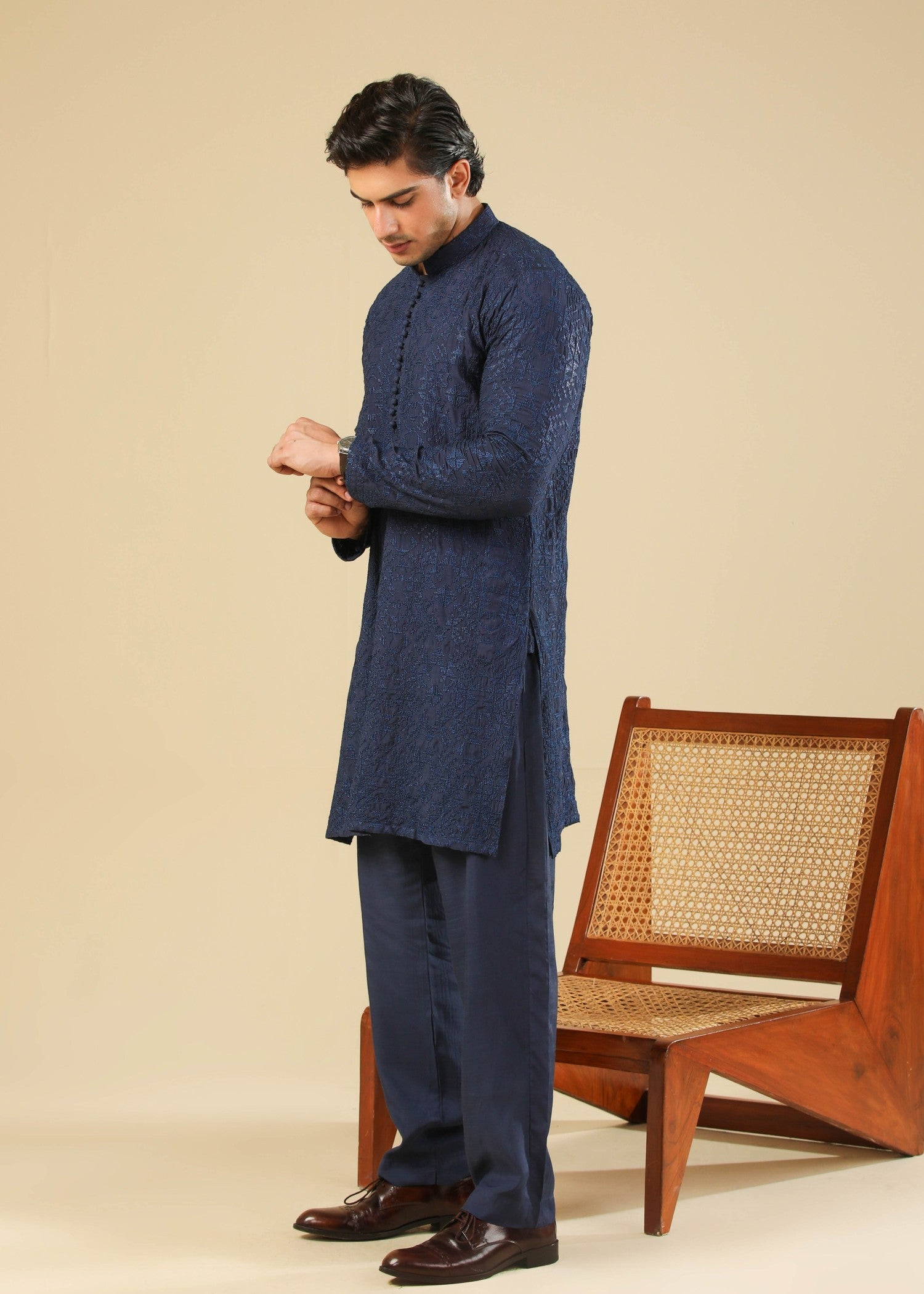 raw silk Kurta Set in Dark blue by Muraqsh