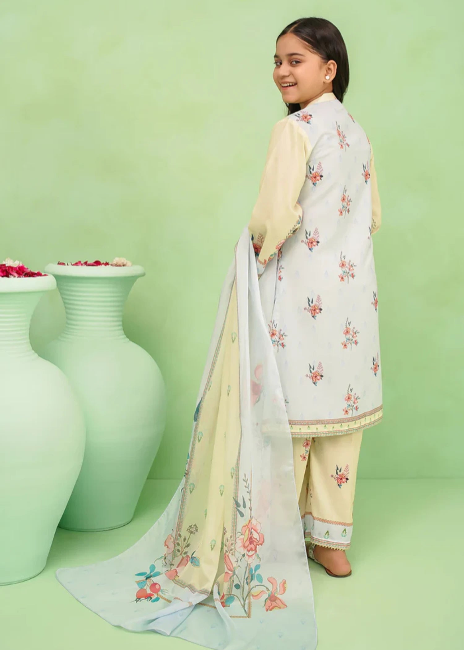 poly lawn Kurta Set in Sky blue, lemon