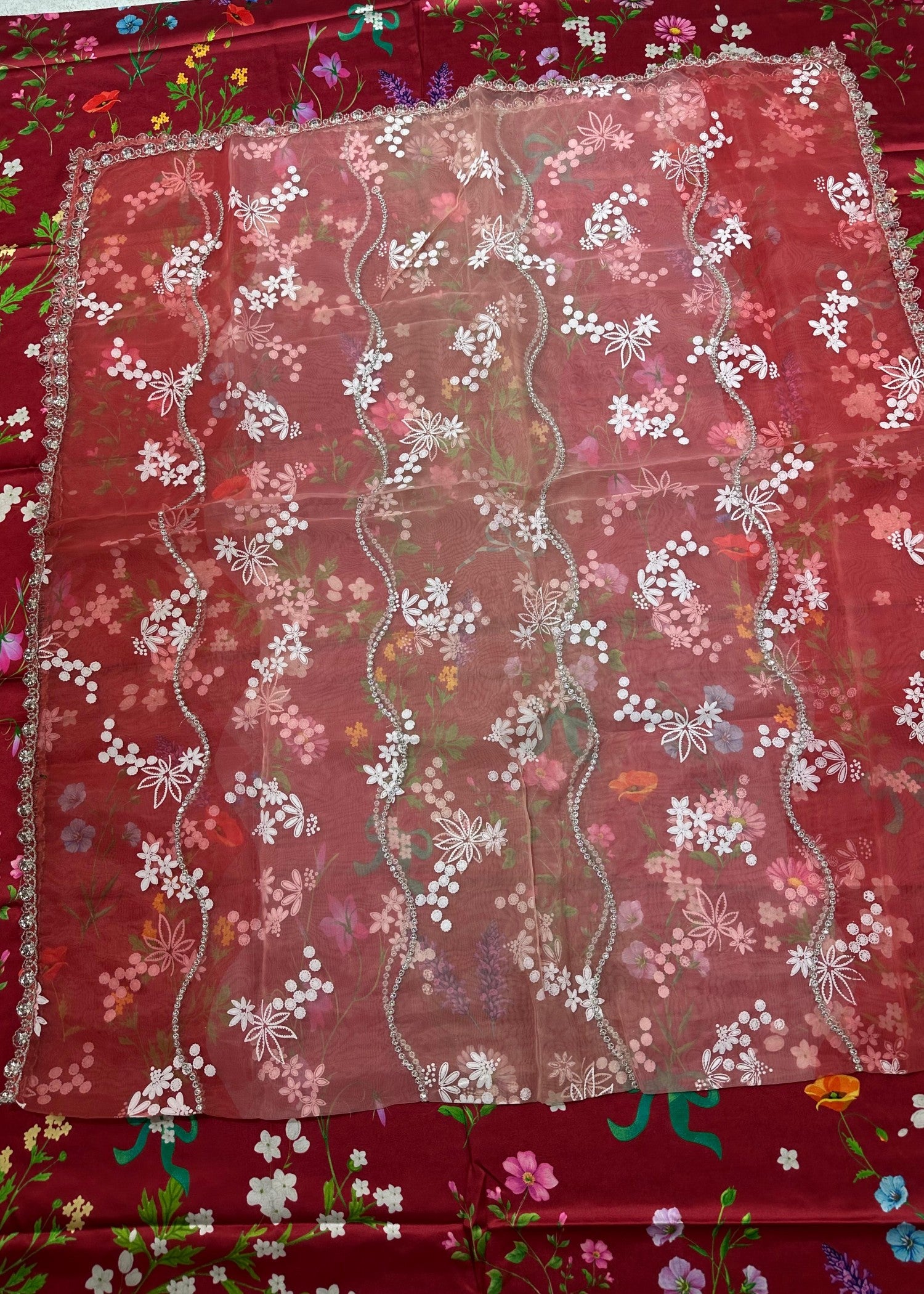 organza Unstitched in Blood red, maroon