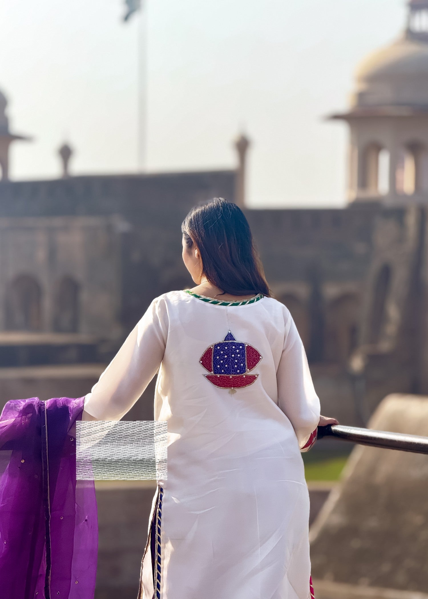 polyester-silk blend Kurta Set in Purple, eggshell