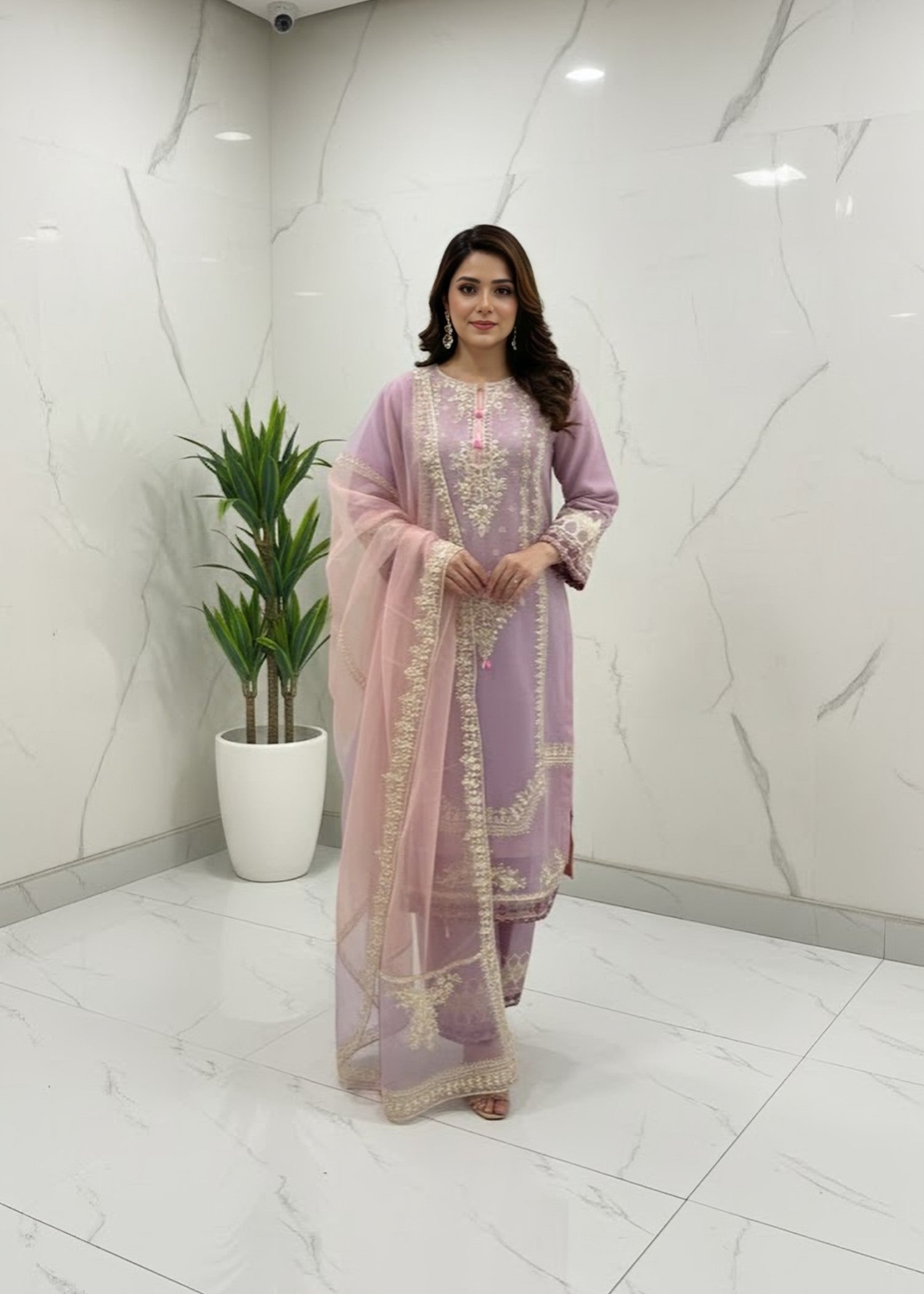 khaddi net Kurta Set in Mauve pink