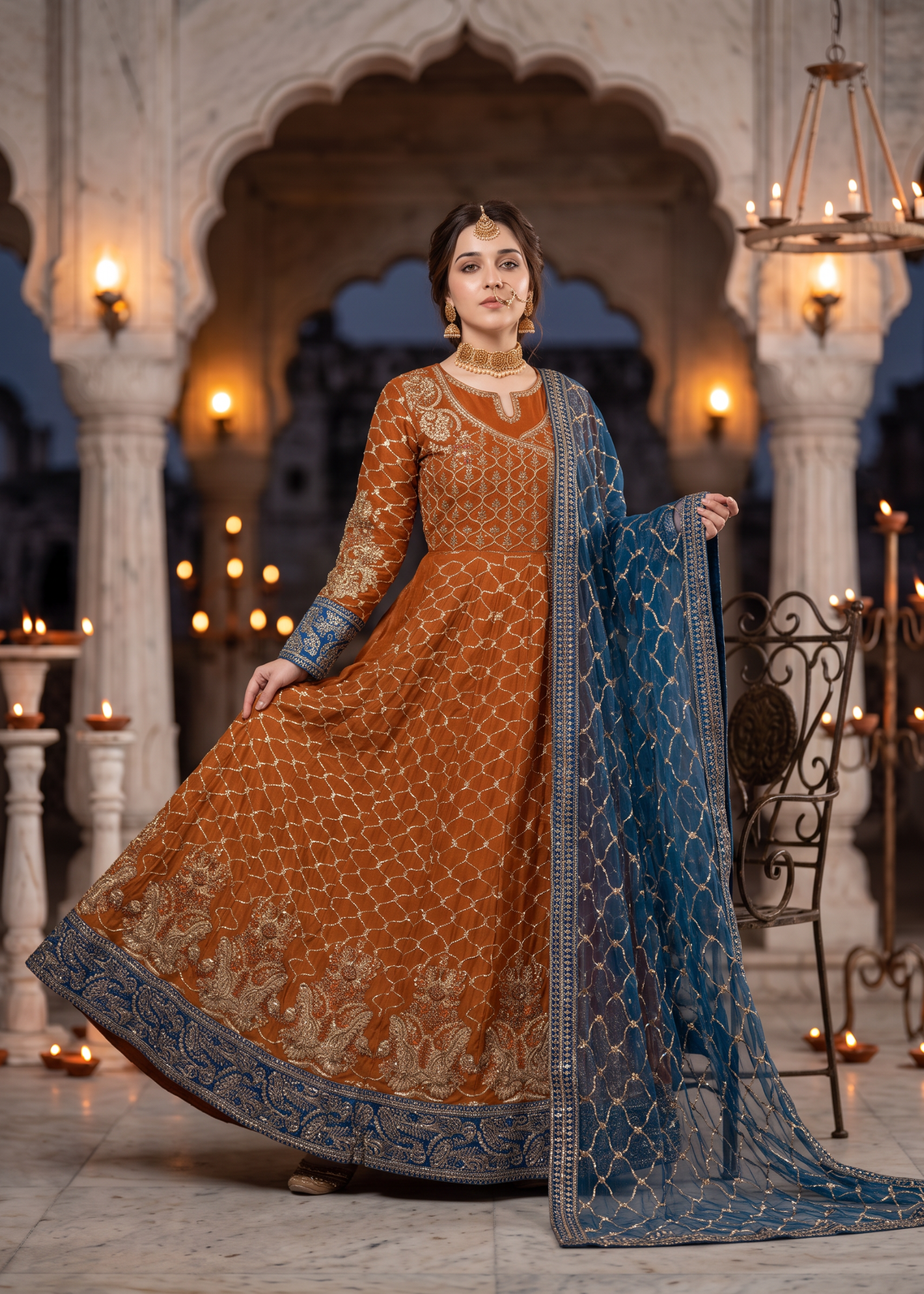 chiffon Angrakha in Rust orange, prussian blue