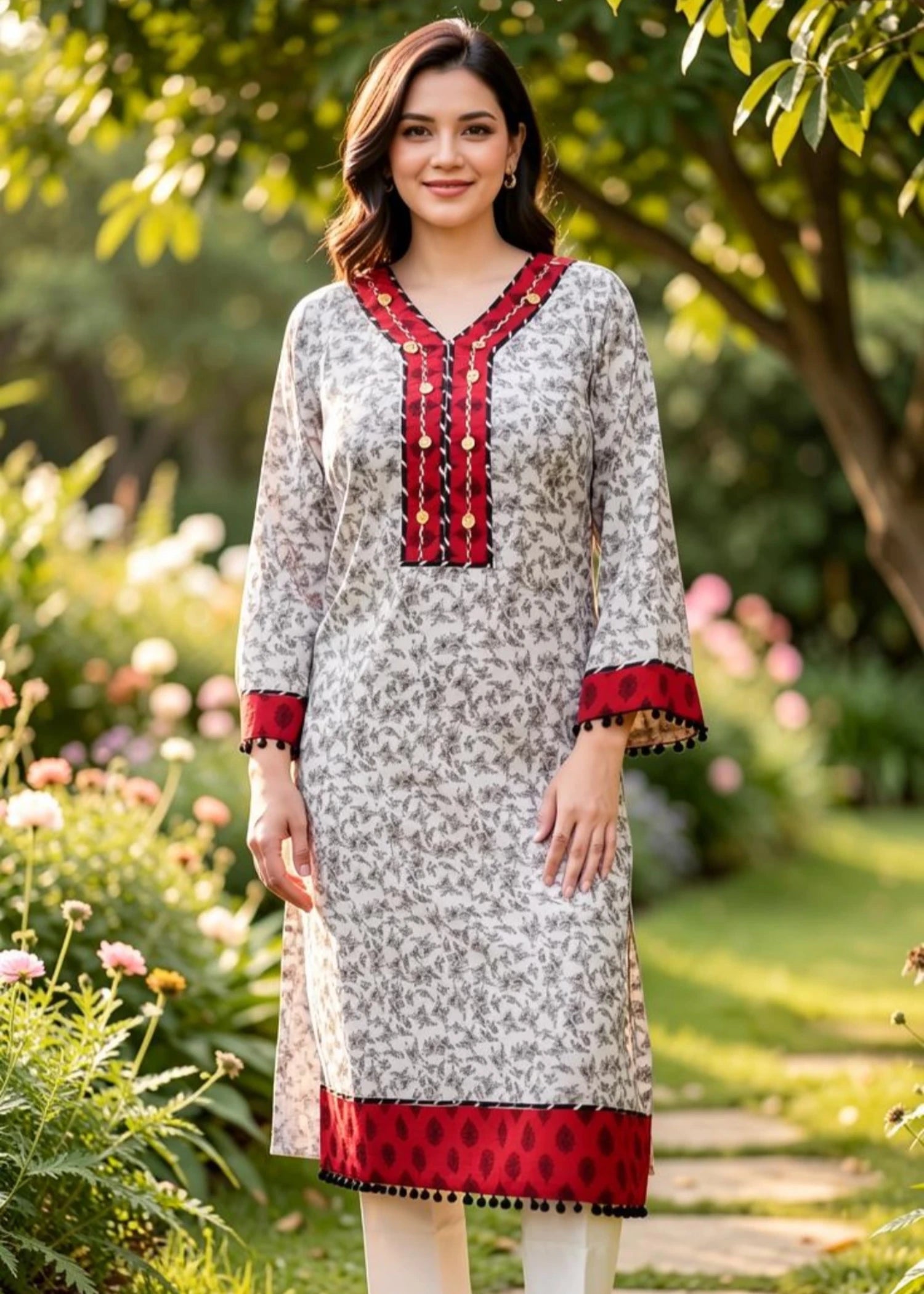 lawn Kurta Set in Black, white, red