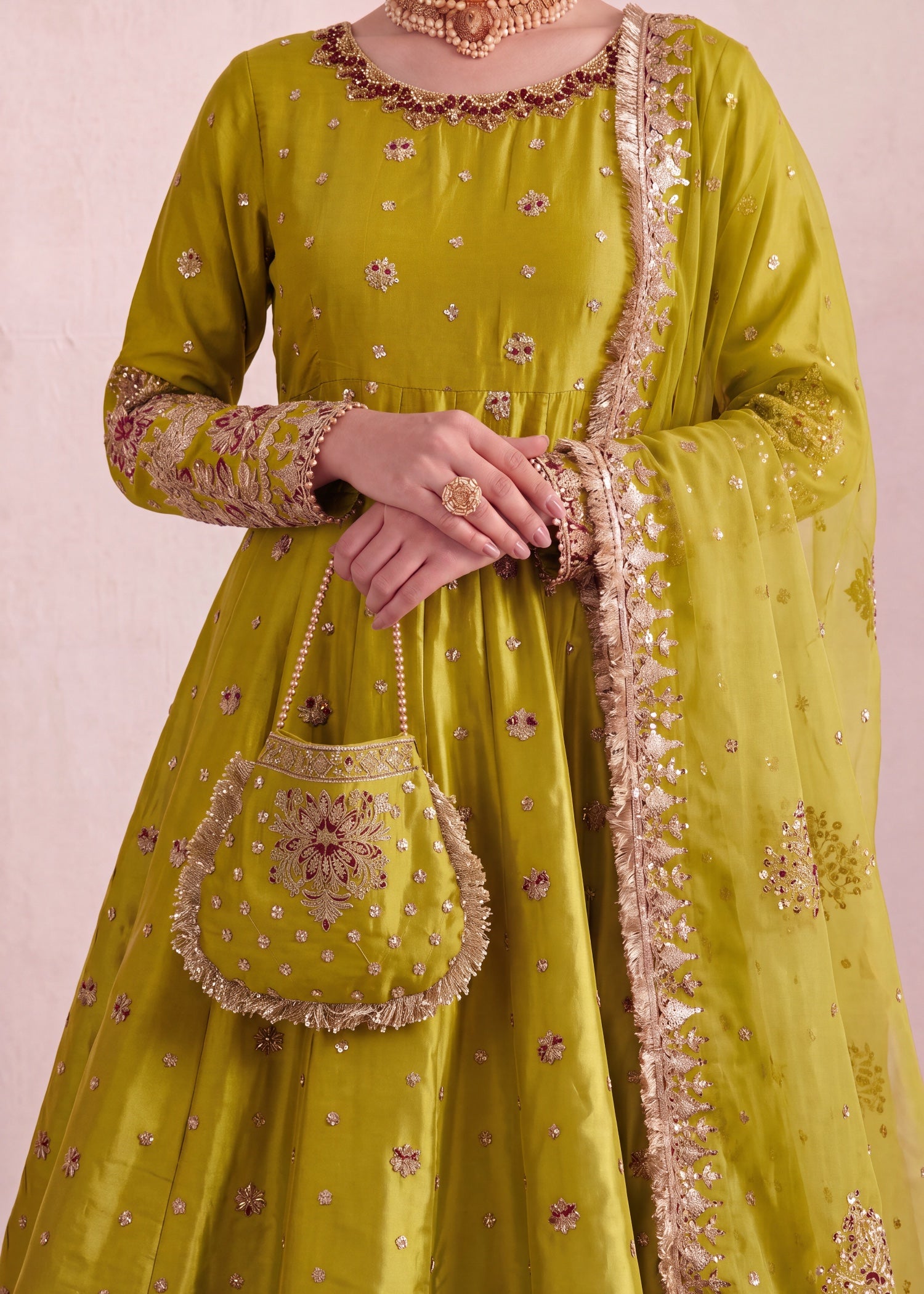 silk Pishwas in Yellow green