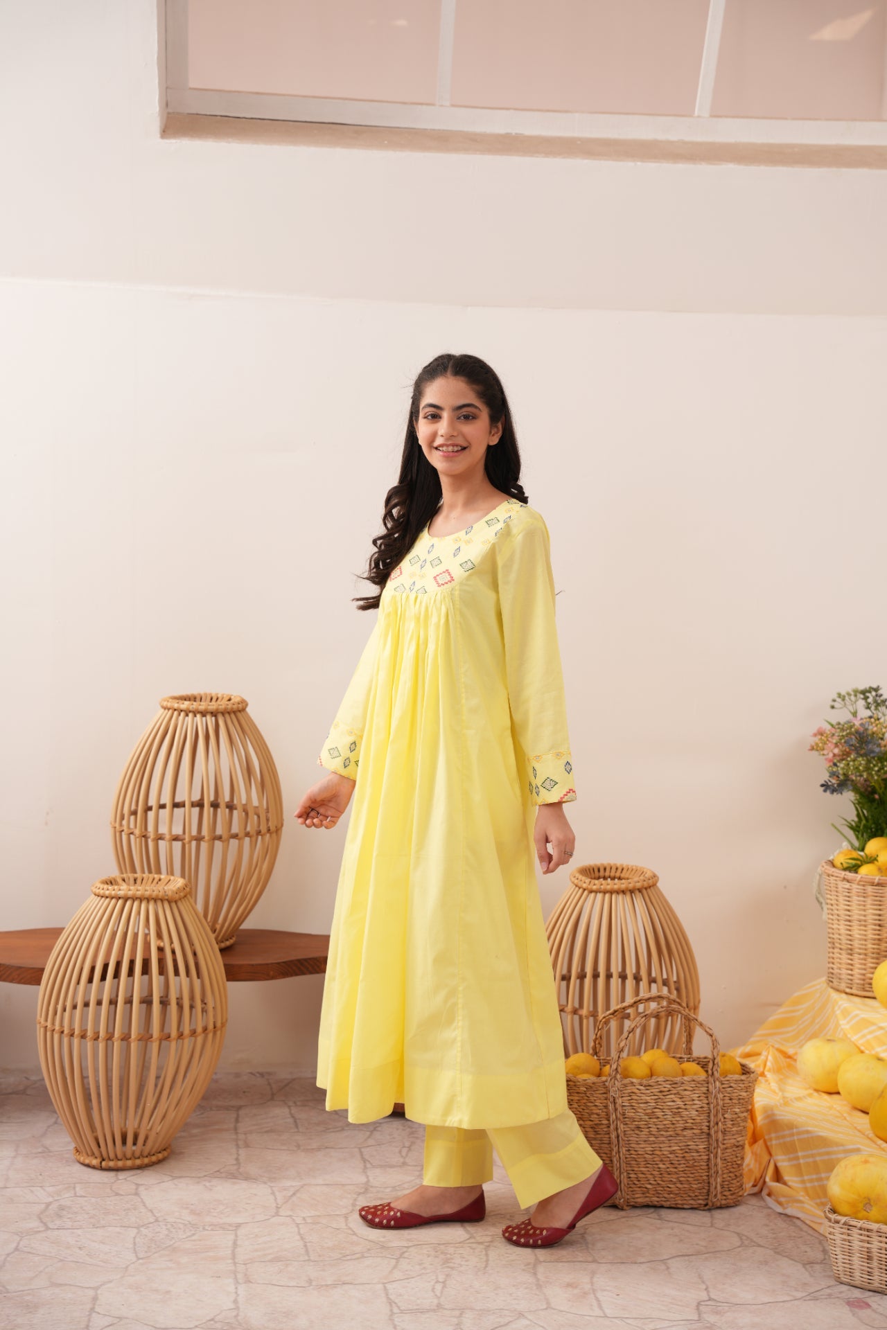 lawn cotton Anarkali in Lemon