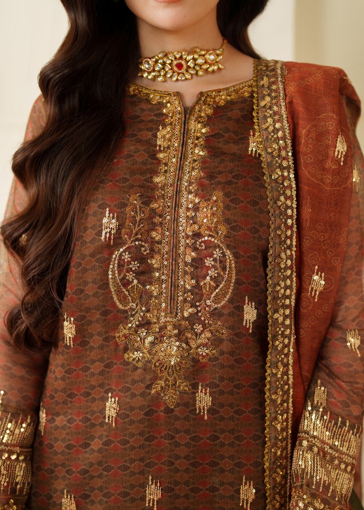 net Kurta Set in Brown