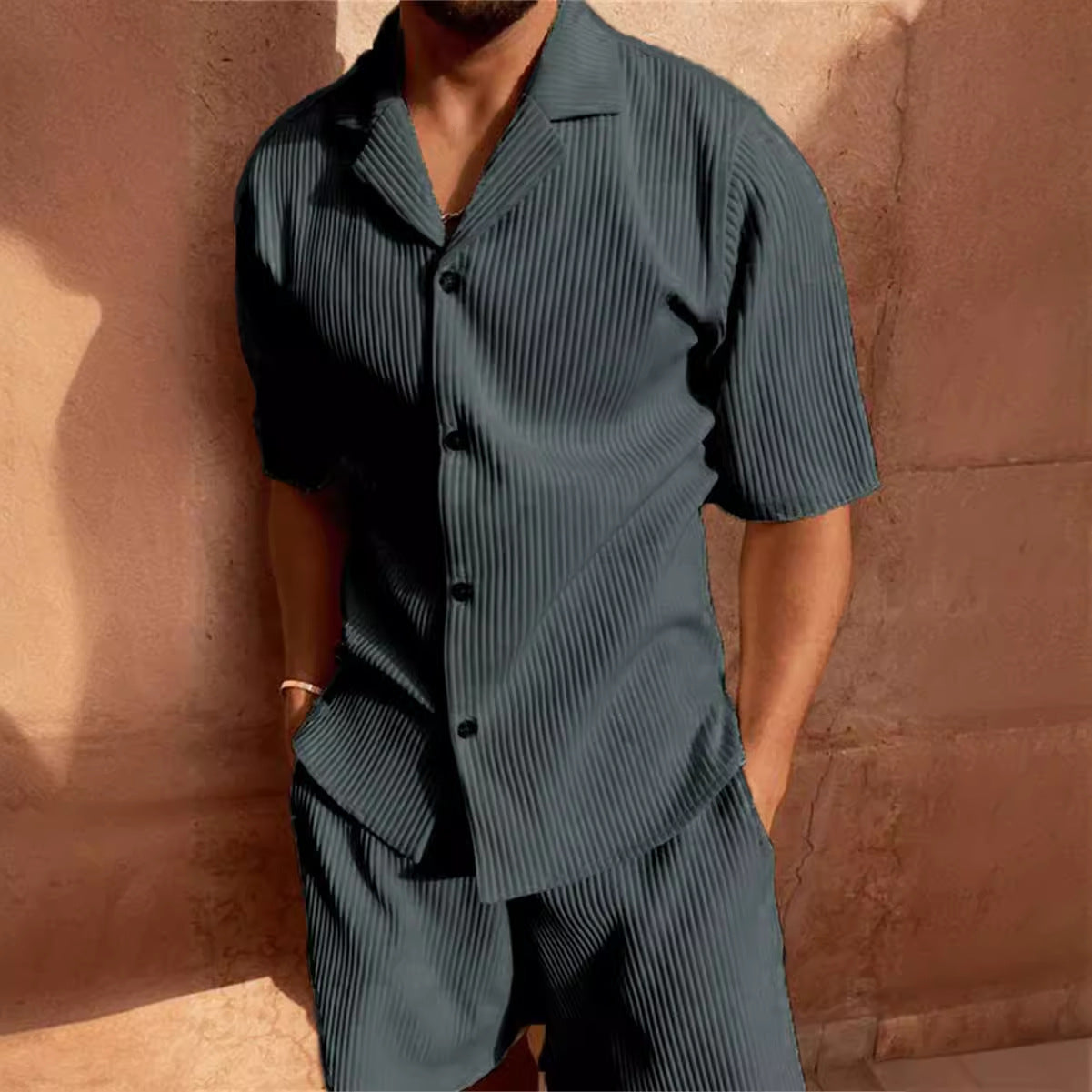 Corduroy Casual Polo Collar Sports Men's Solid Color T-shirt Shorts Set