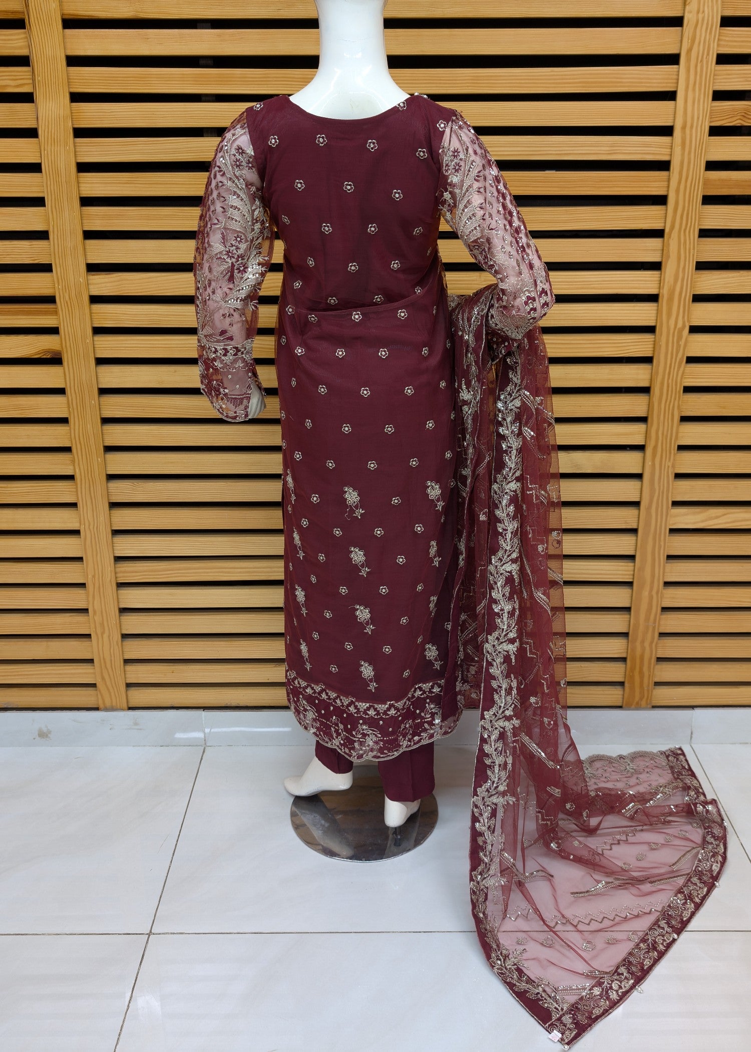 net Kurta Set in Burgundy