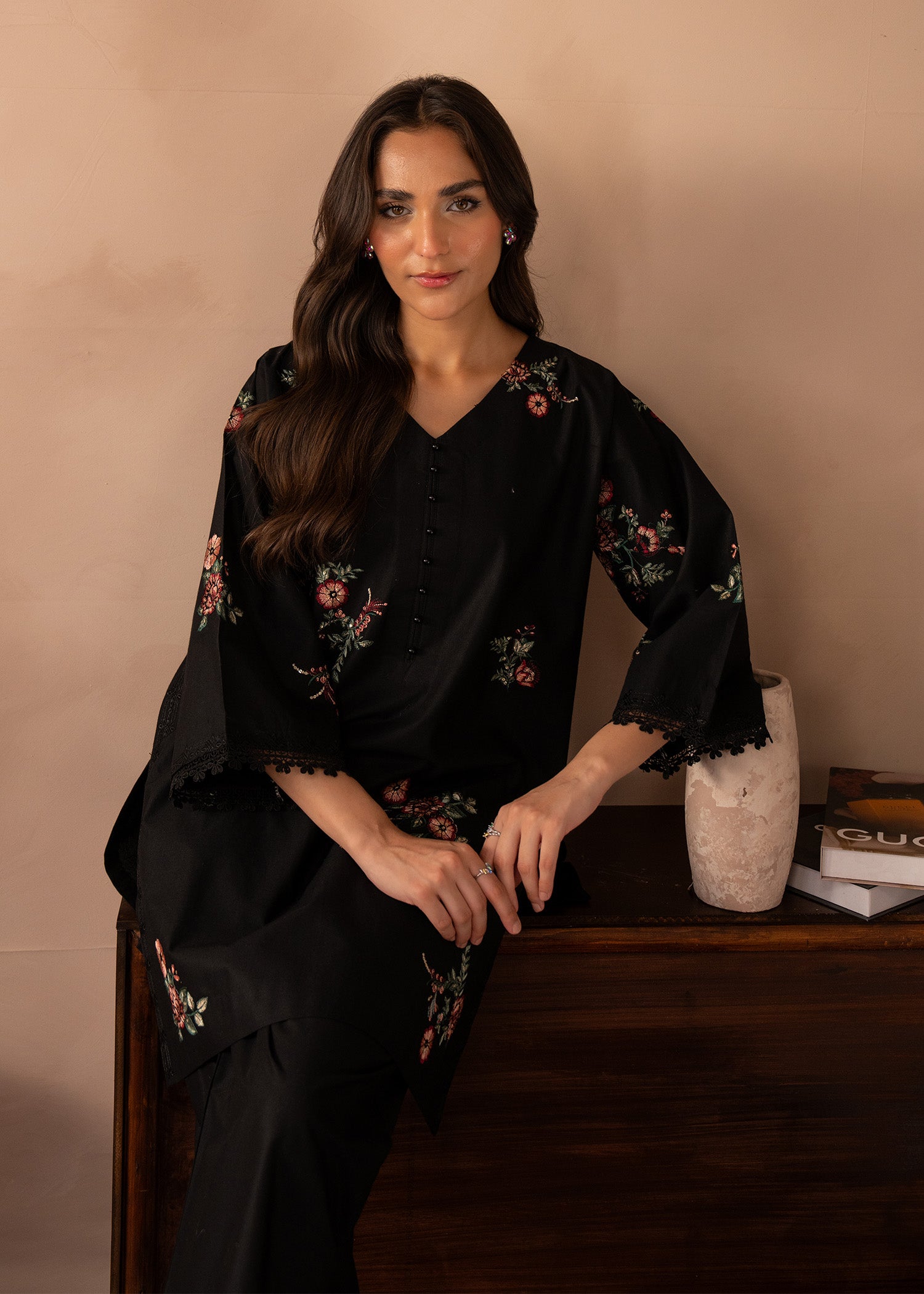 lawn Kurta Set in Black, white