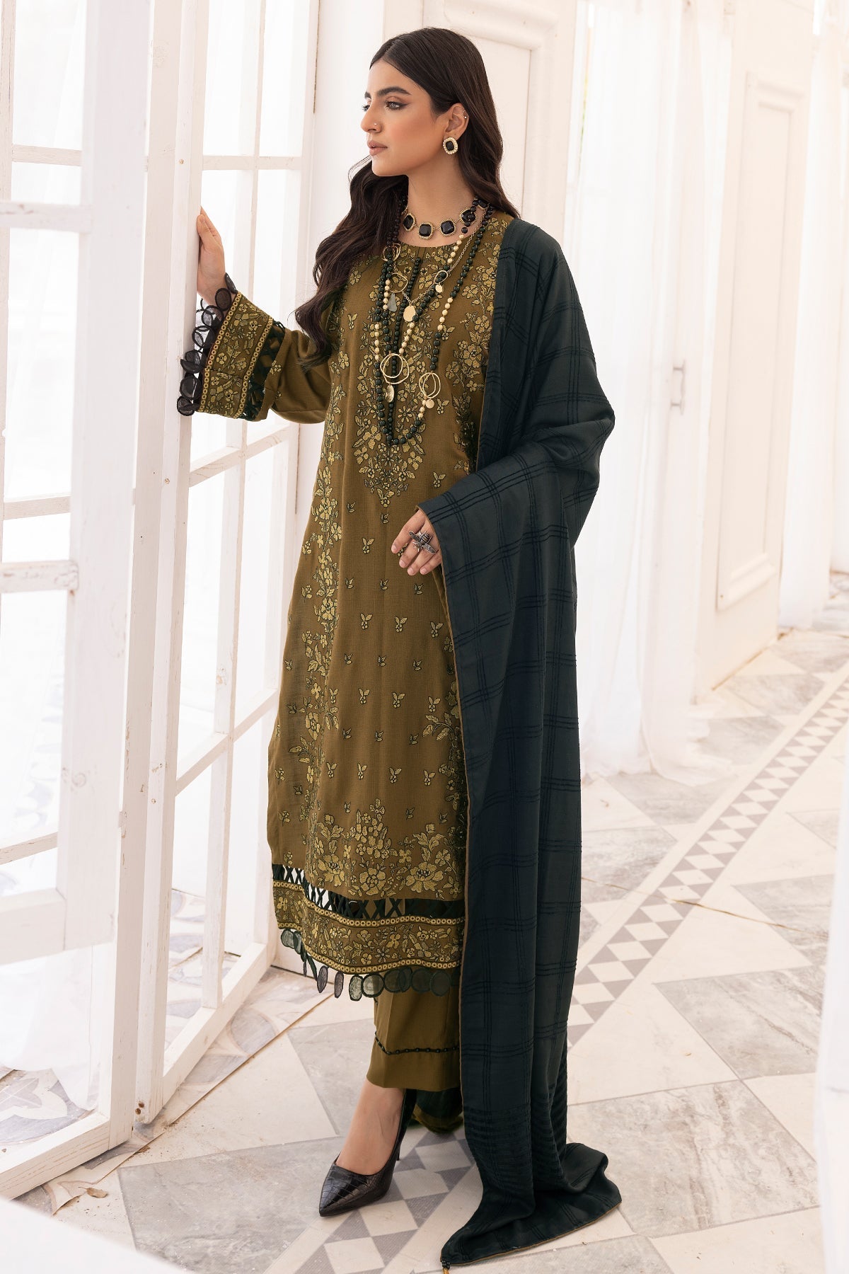 dhanak Unstitched in Olive green