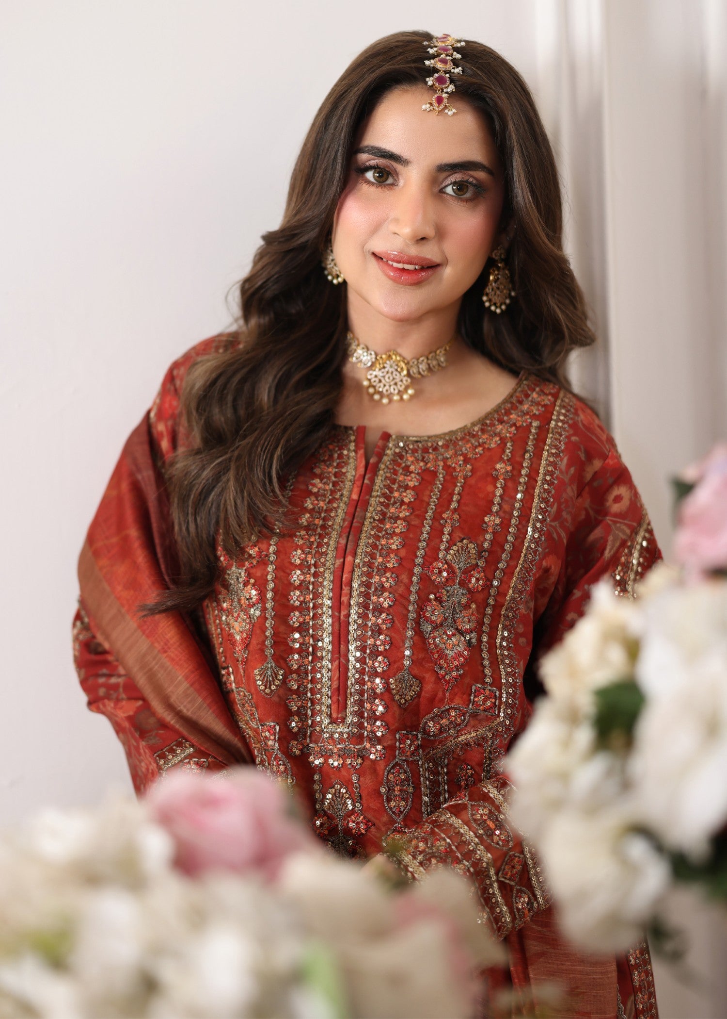poly lawn Kurta Set in Rustic brown