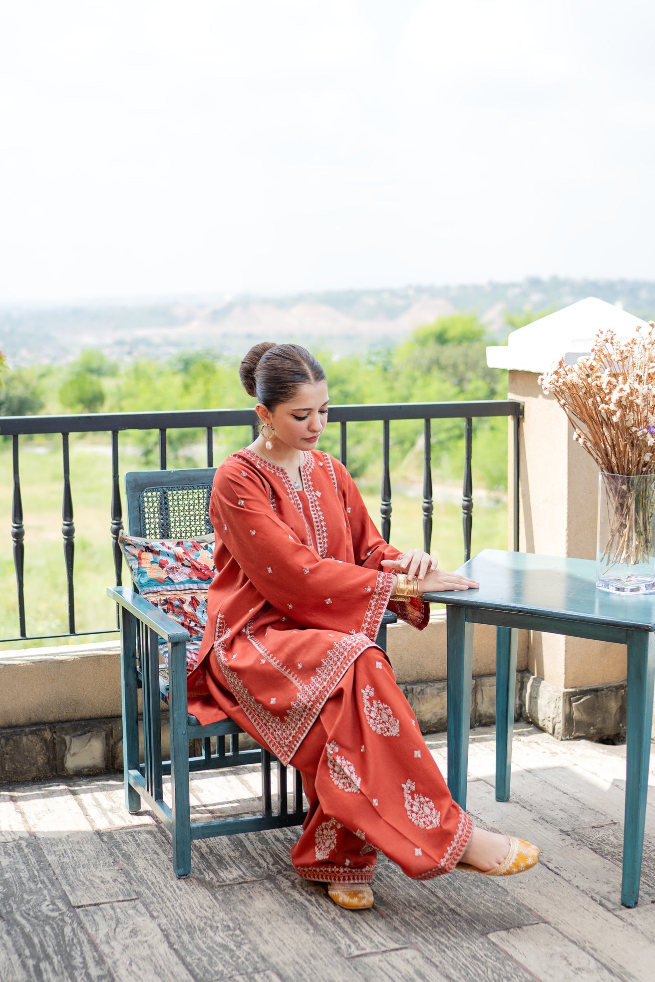 slub khaddar Kurta Set in Rust orange