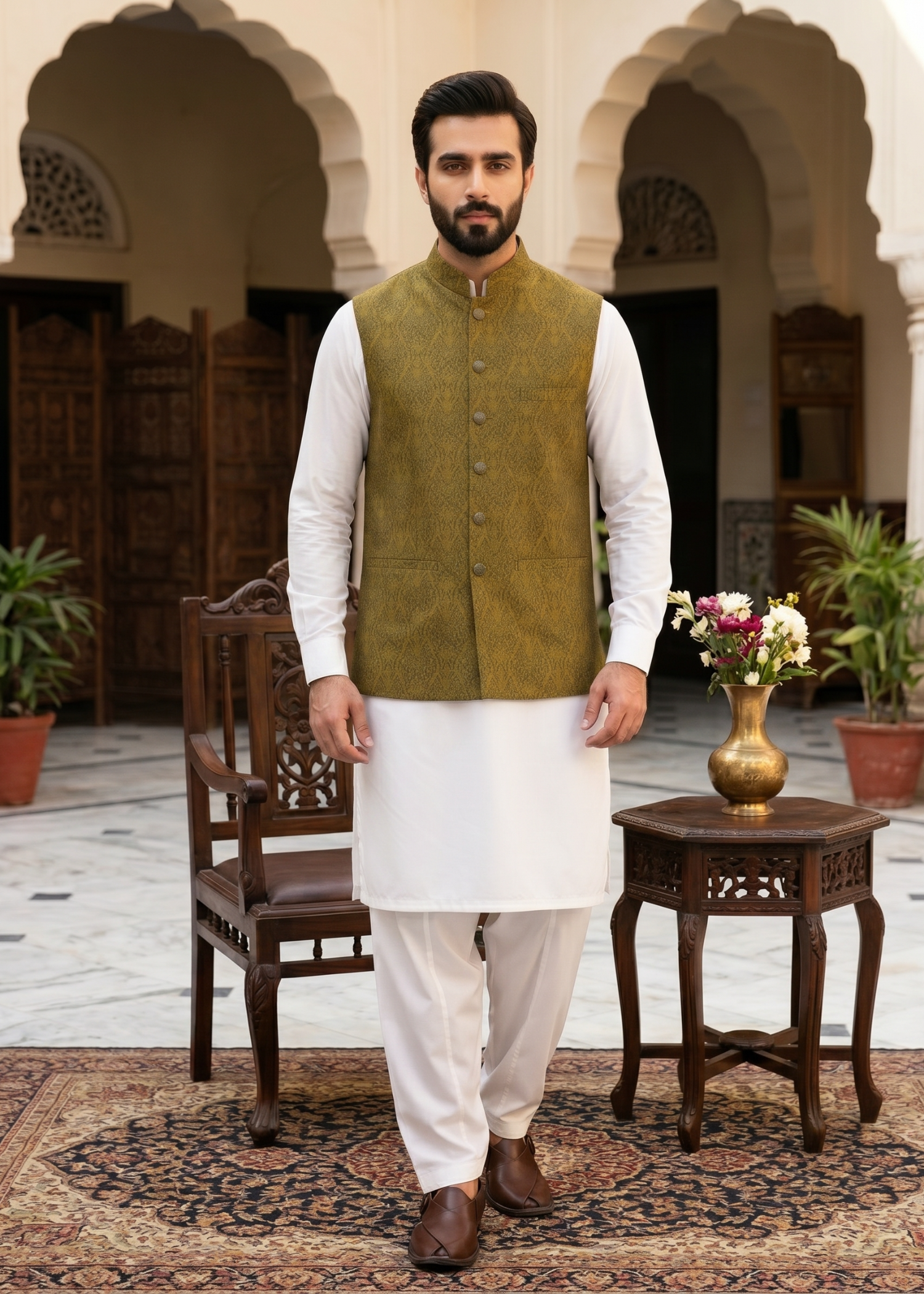banarsi silk Waistcoat in Olive green