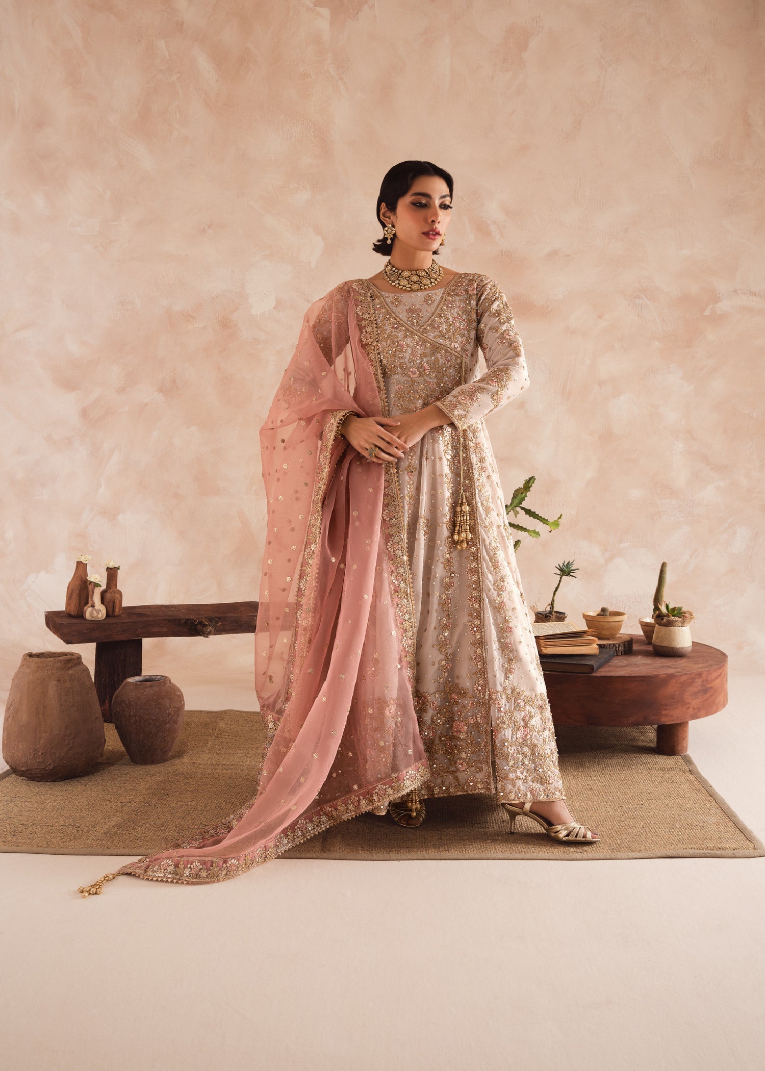 chiffon Angrakha in Ivory