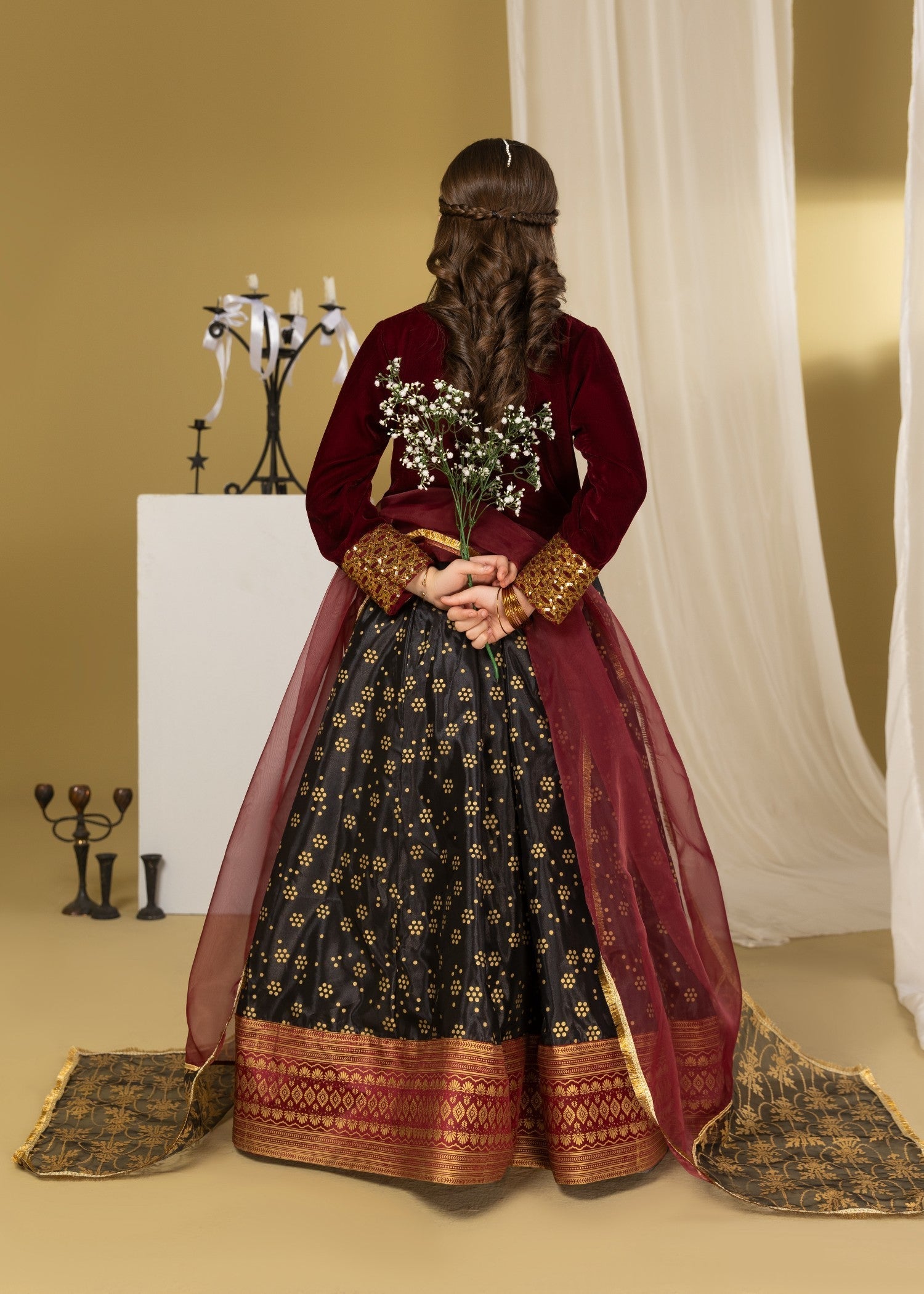 velvet Lehenga in Maroon, black