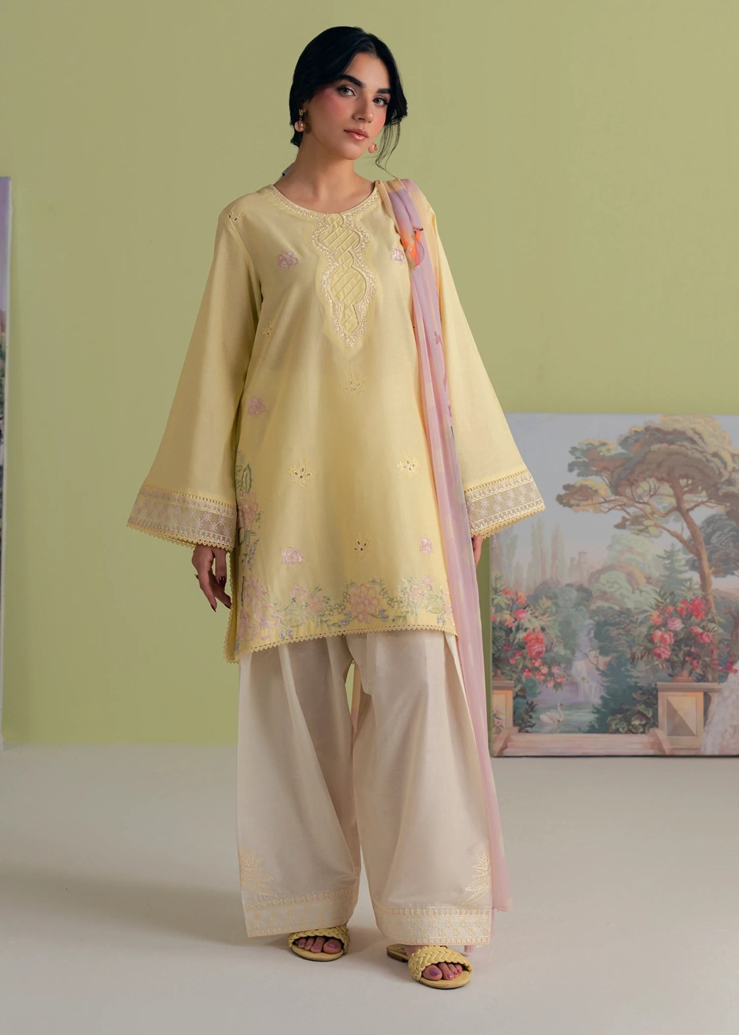 lawn cotton Kurta Set in Yellow