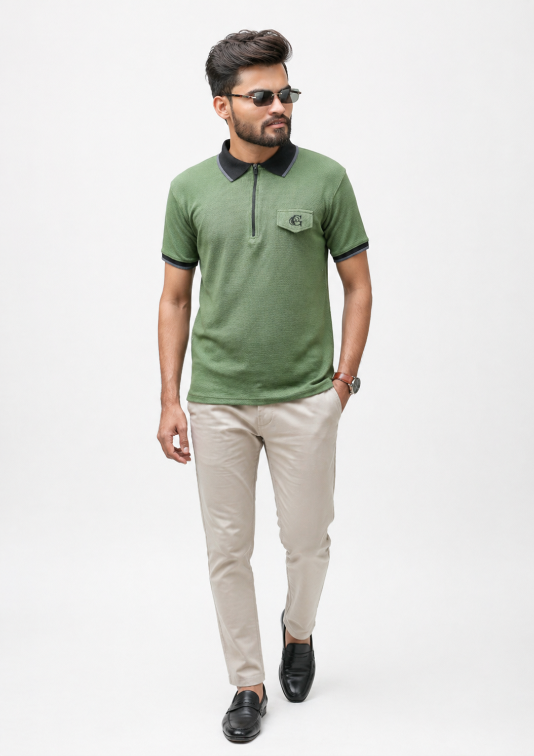 cotton Polo Shirt in Sage green by Glomoria