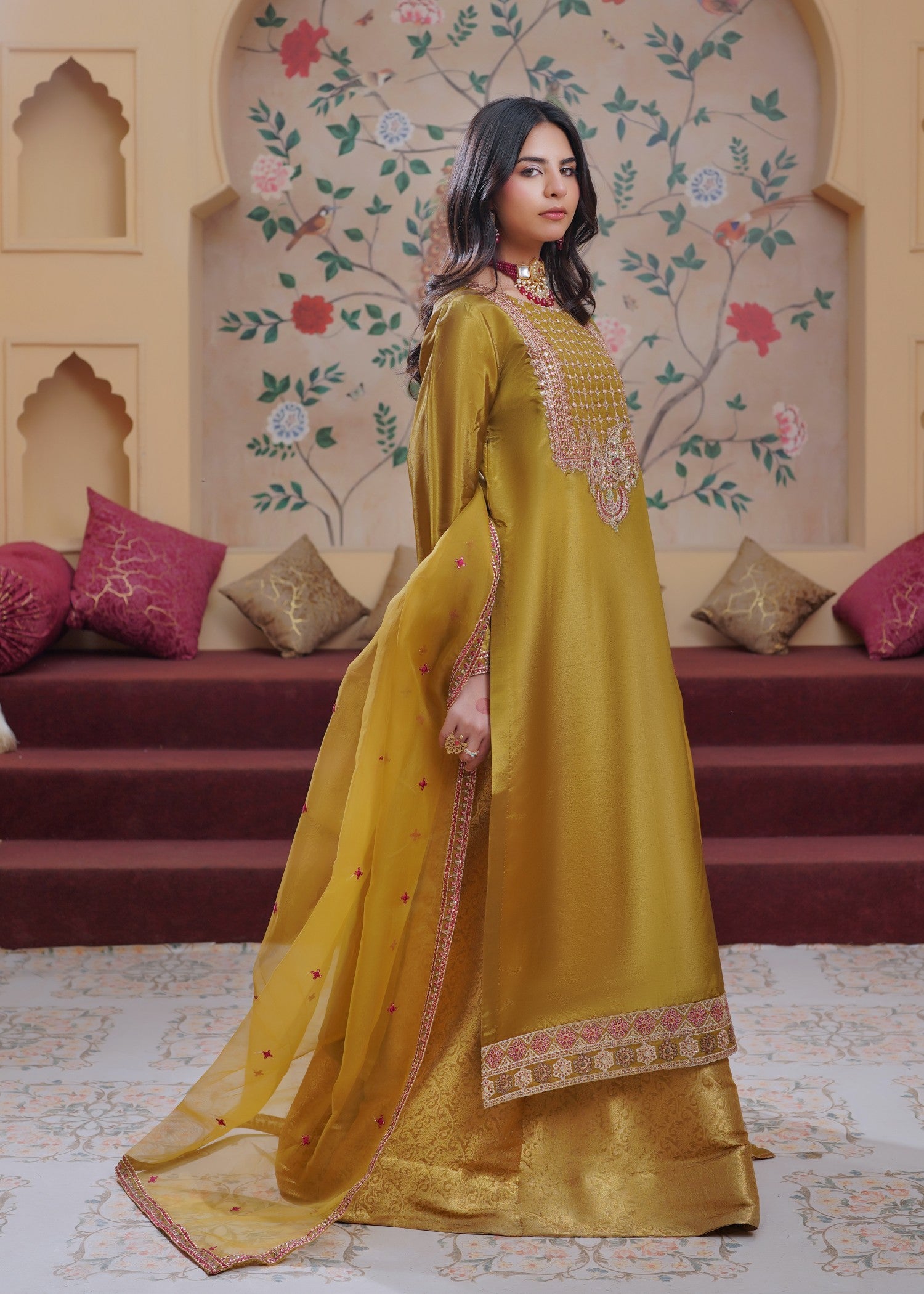 silk Lehenga in Olive green