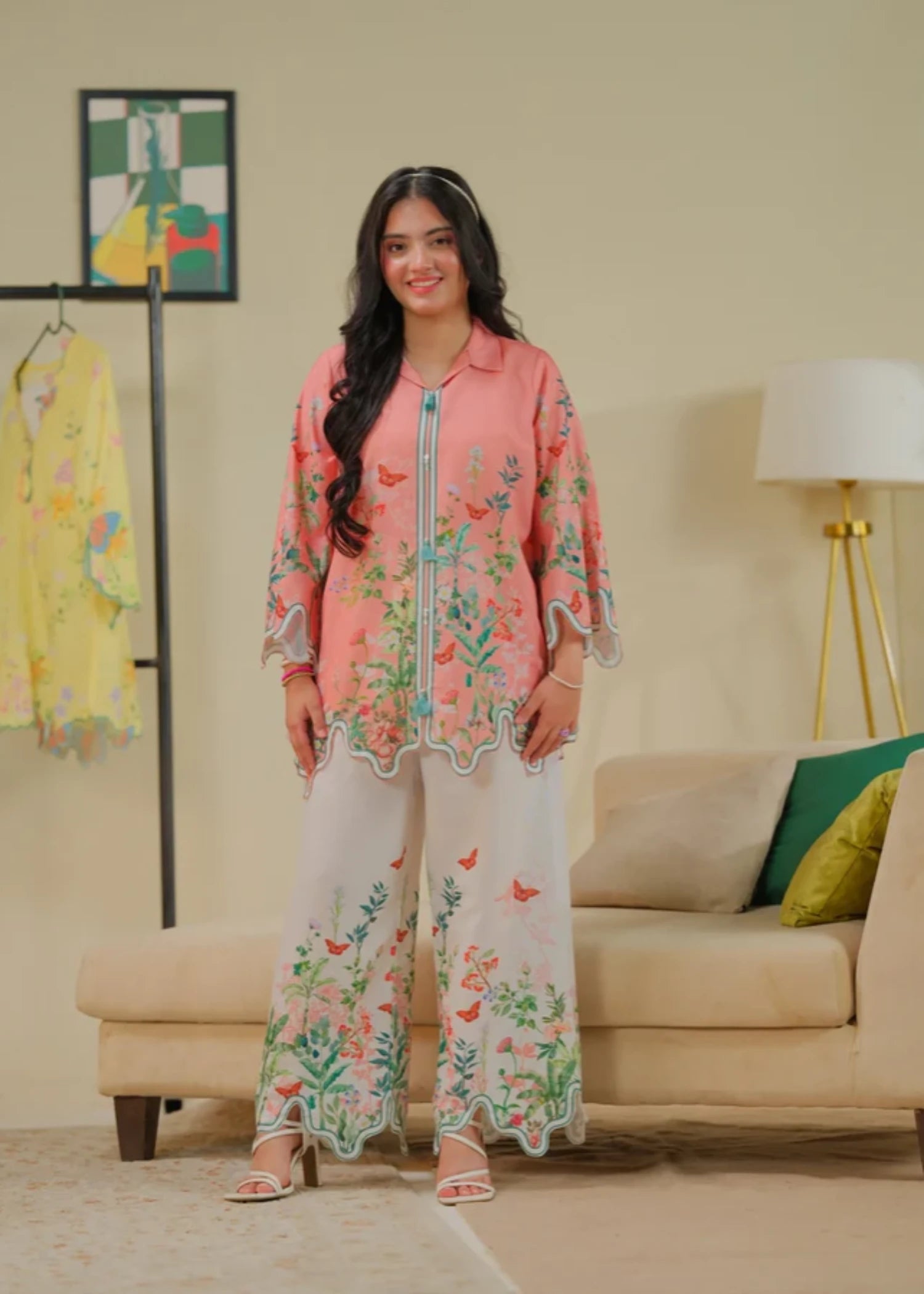 cambric Kurta Set in Peach pink