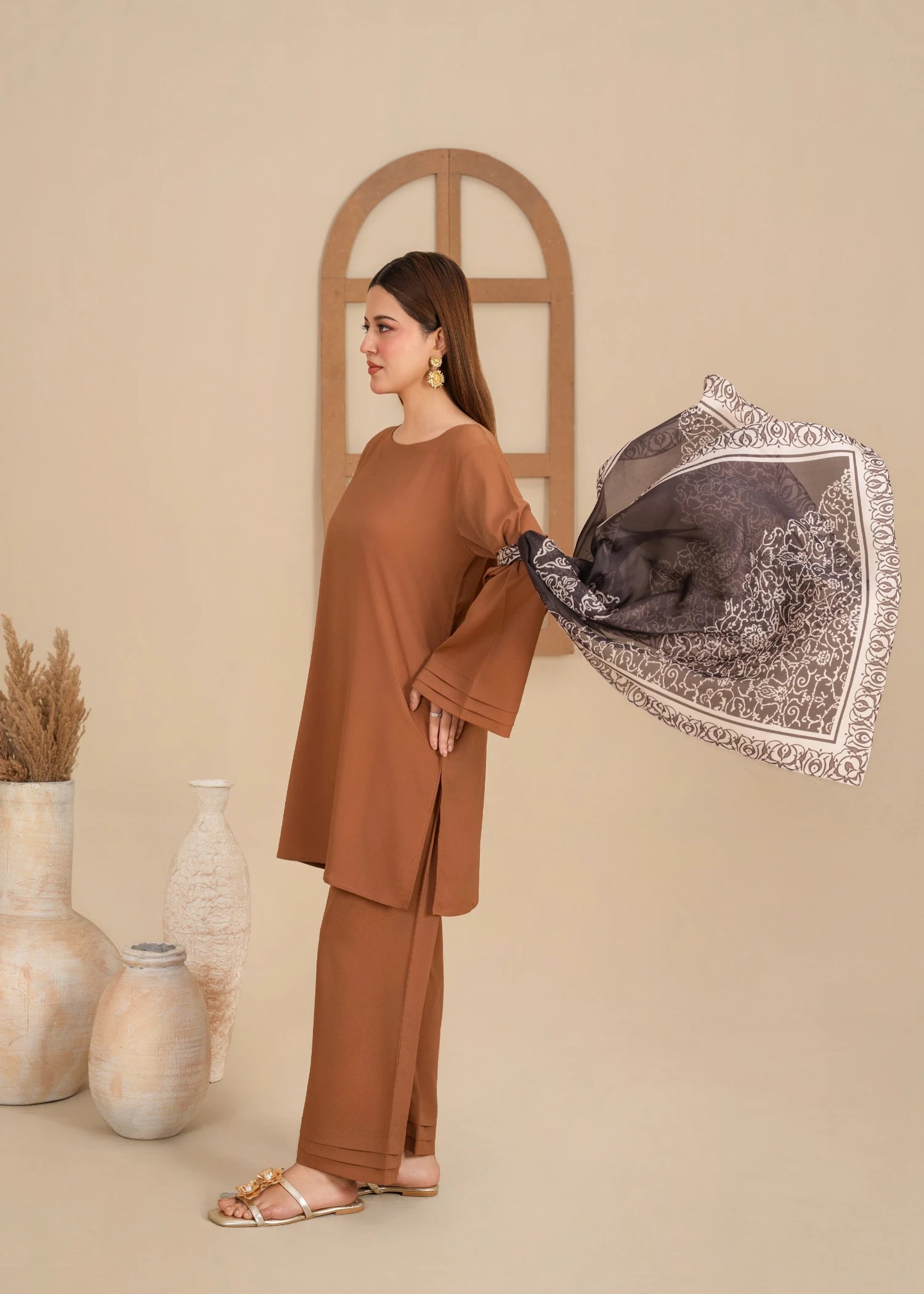 crepe polyester Kurta Set in Hazelwood brown