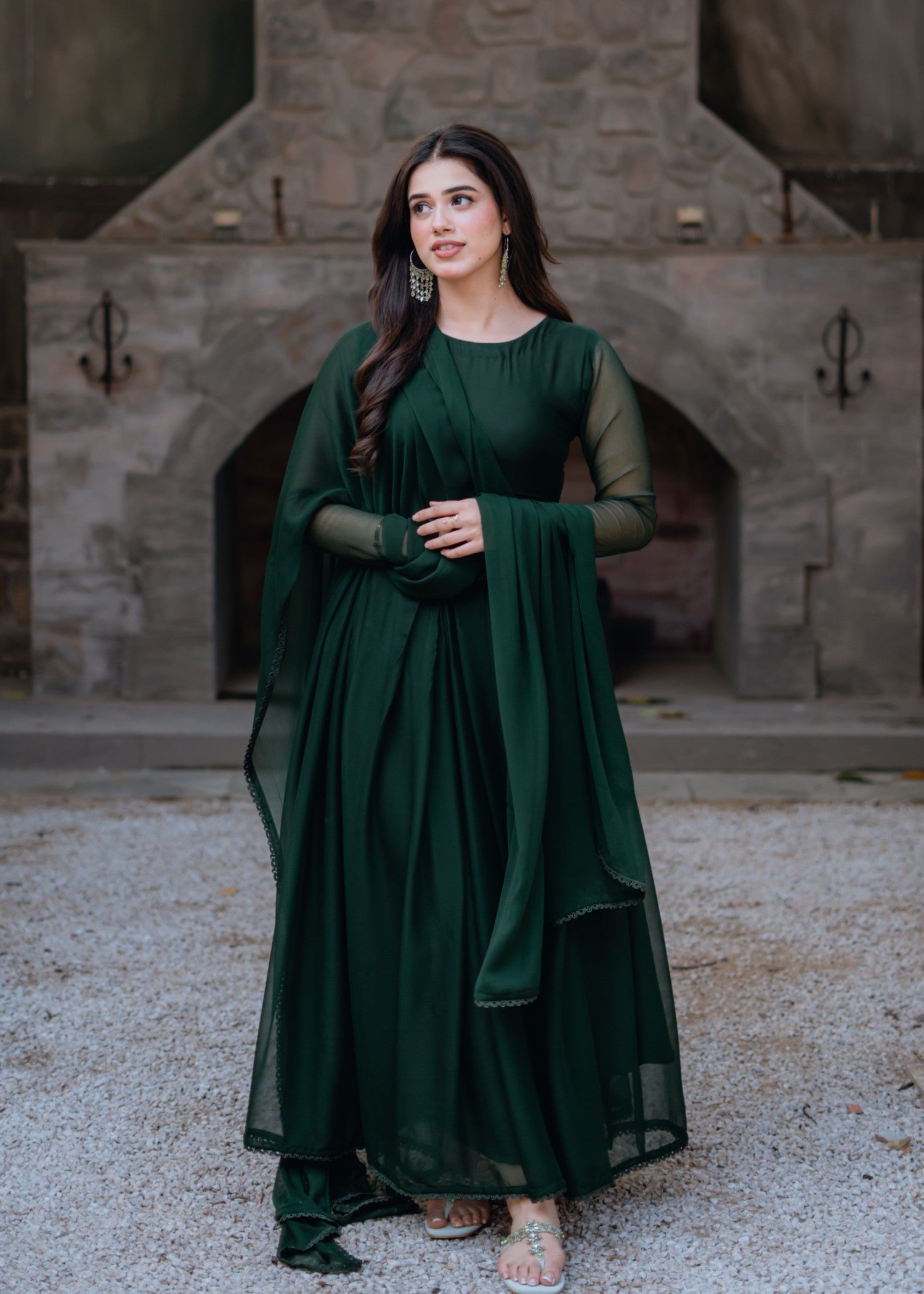 bemberg crinkle chiffon Maxi in Hunter green