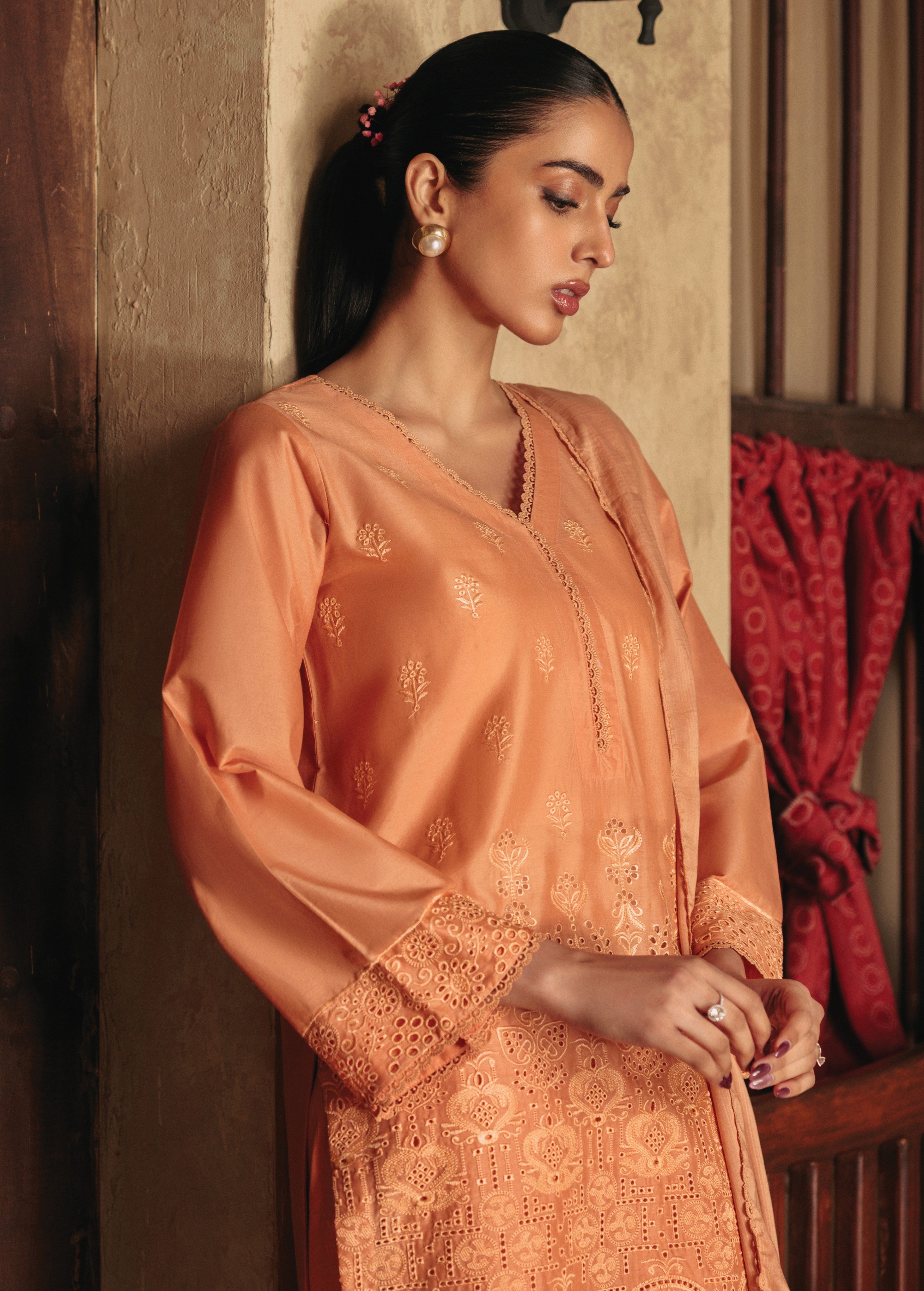 lawn Kurta Set in Coral orange