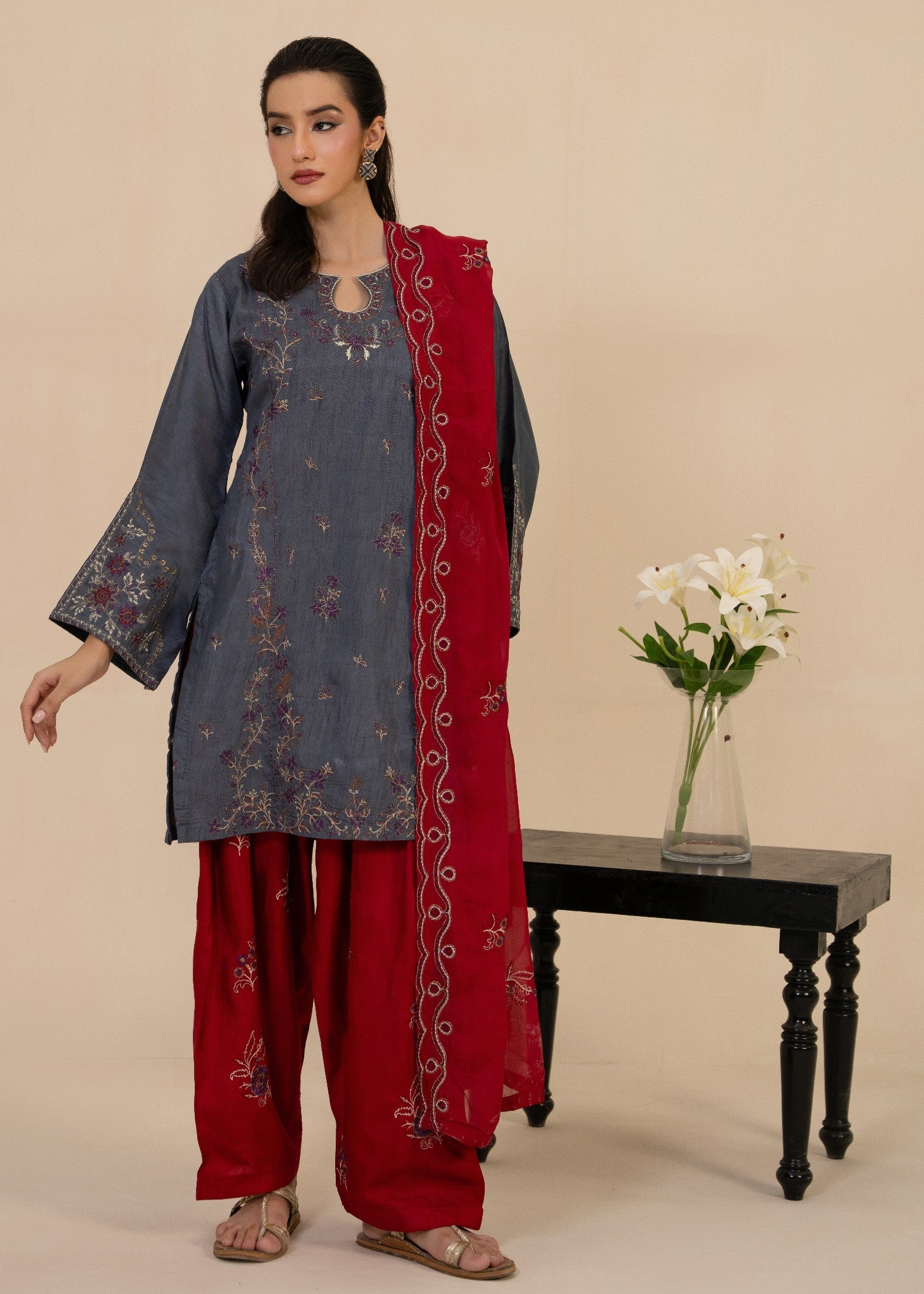 korean raw silk Kurta Set in Steal grey