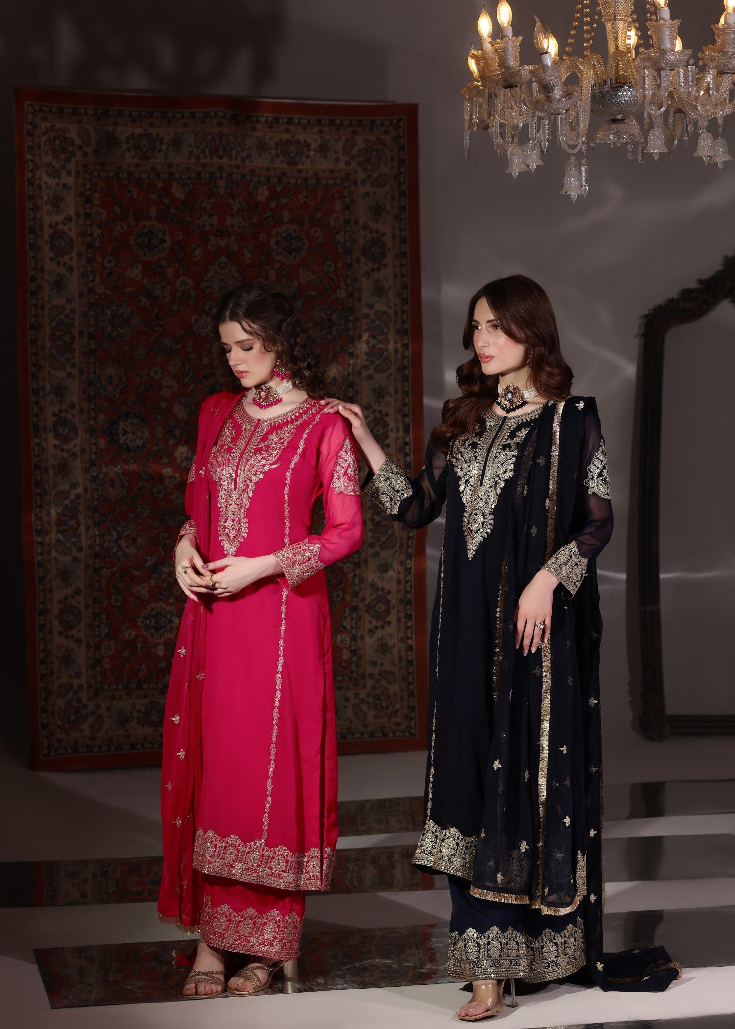 pk chiffon Kurta Set in Hot pink