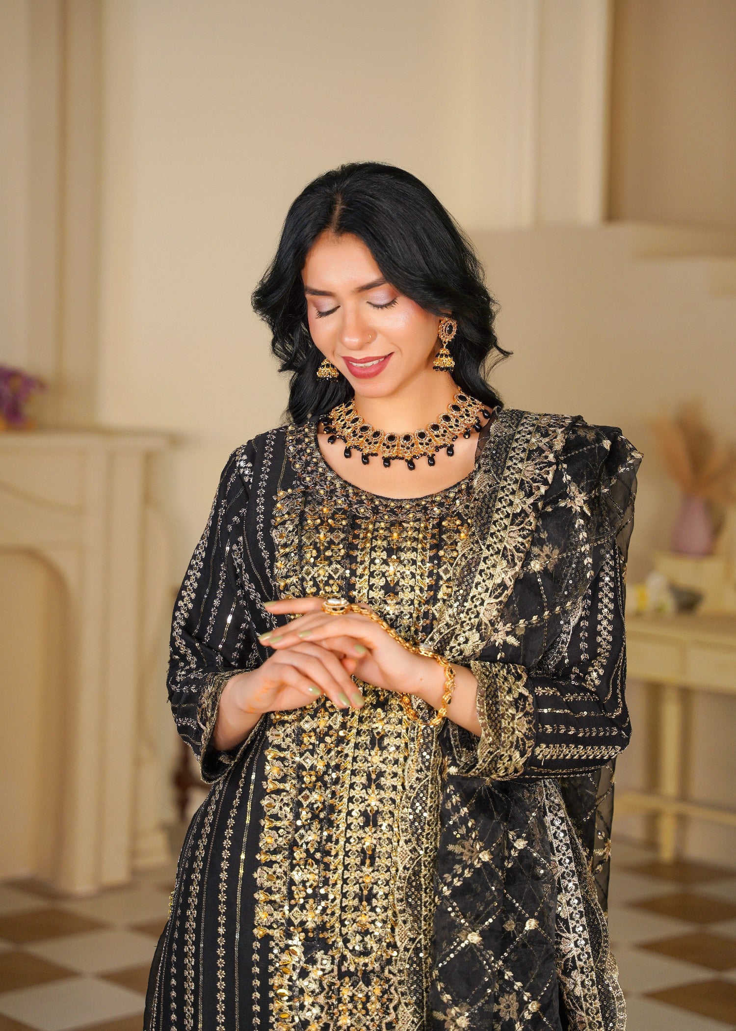 chiffon Sharara in Gold, black