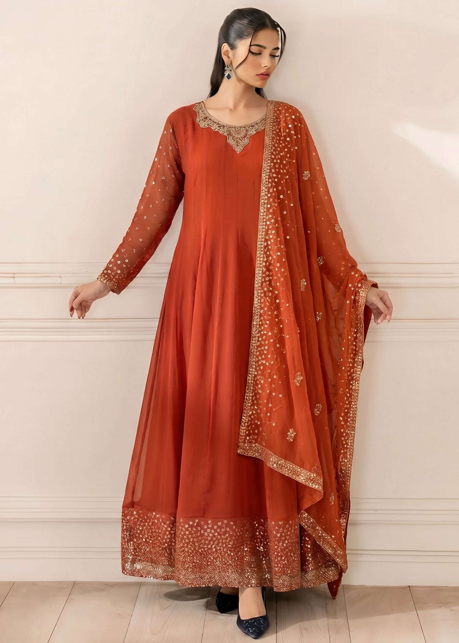 chiffon Pishwas in Rust orange
