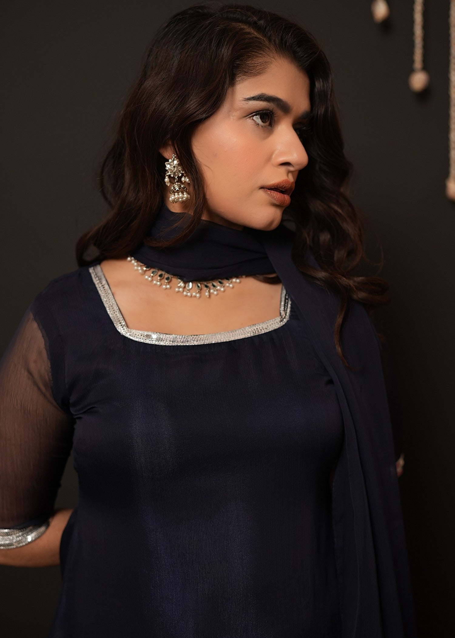 bemberg crinkle chiffon Kurta Set in Navy blue