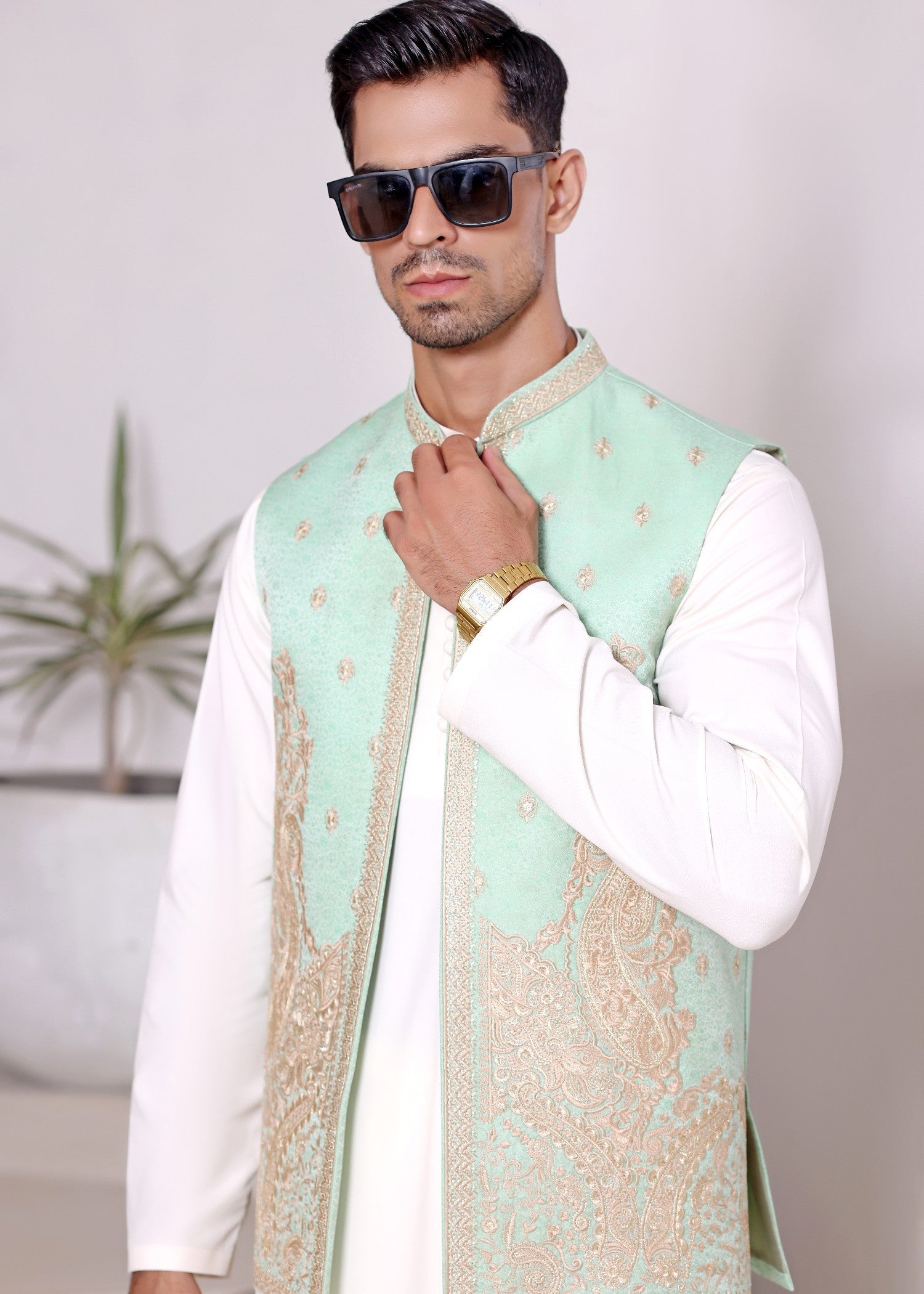 jamawar Waistcoat in Light cyan