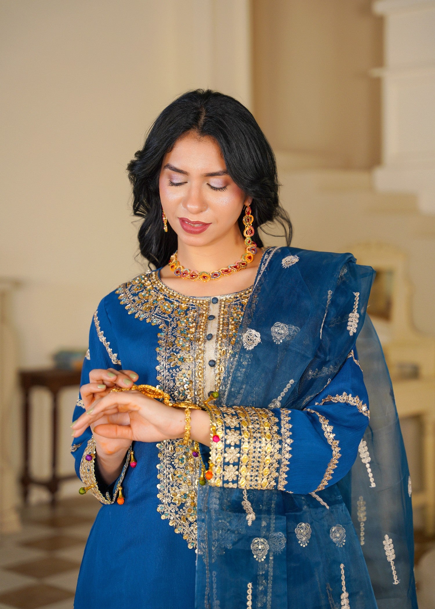 chiffon Kurta Set in Royal blue, gold
