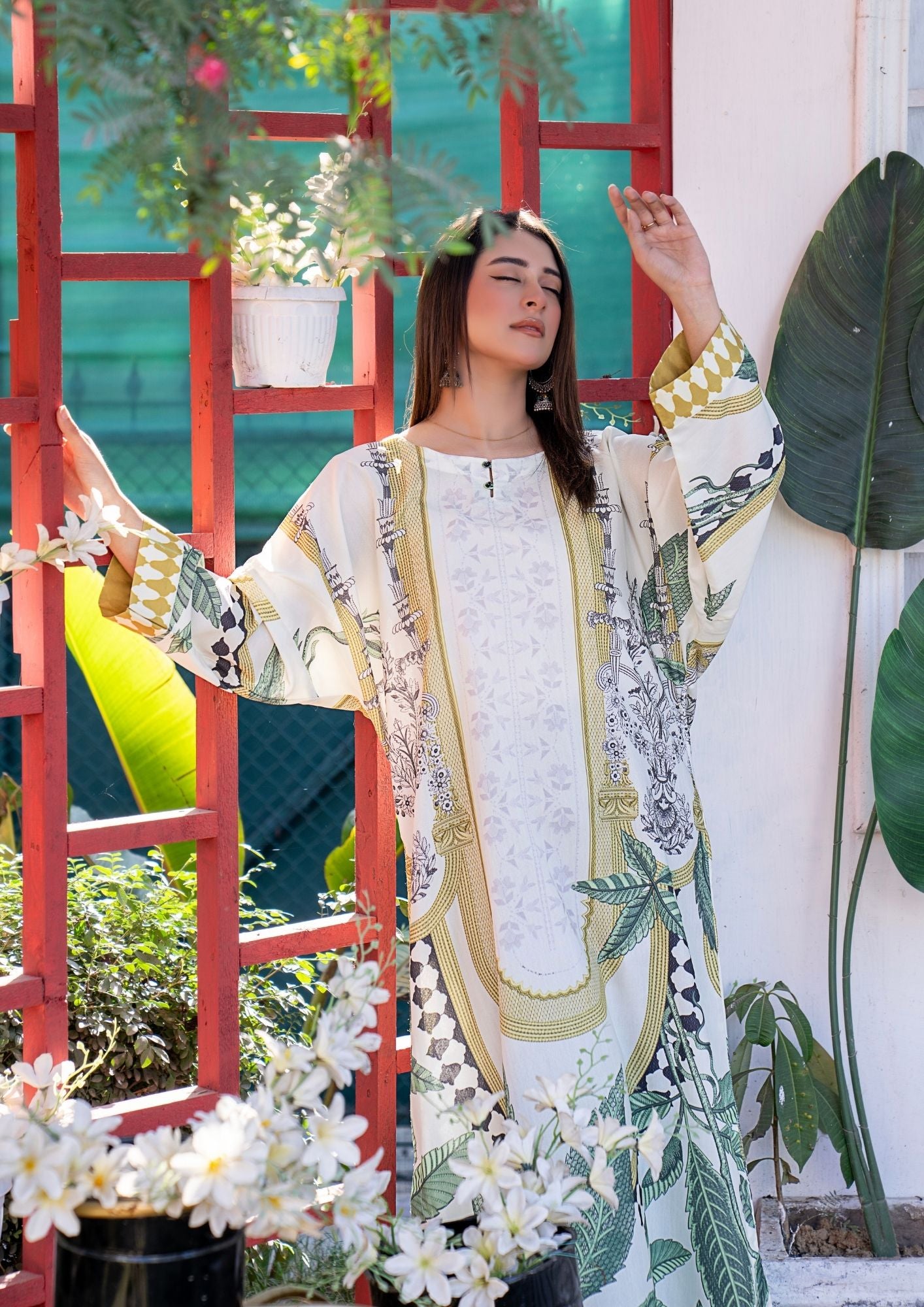 arabic lawn Kurta Set in Beige, olive green