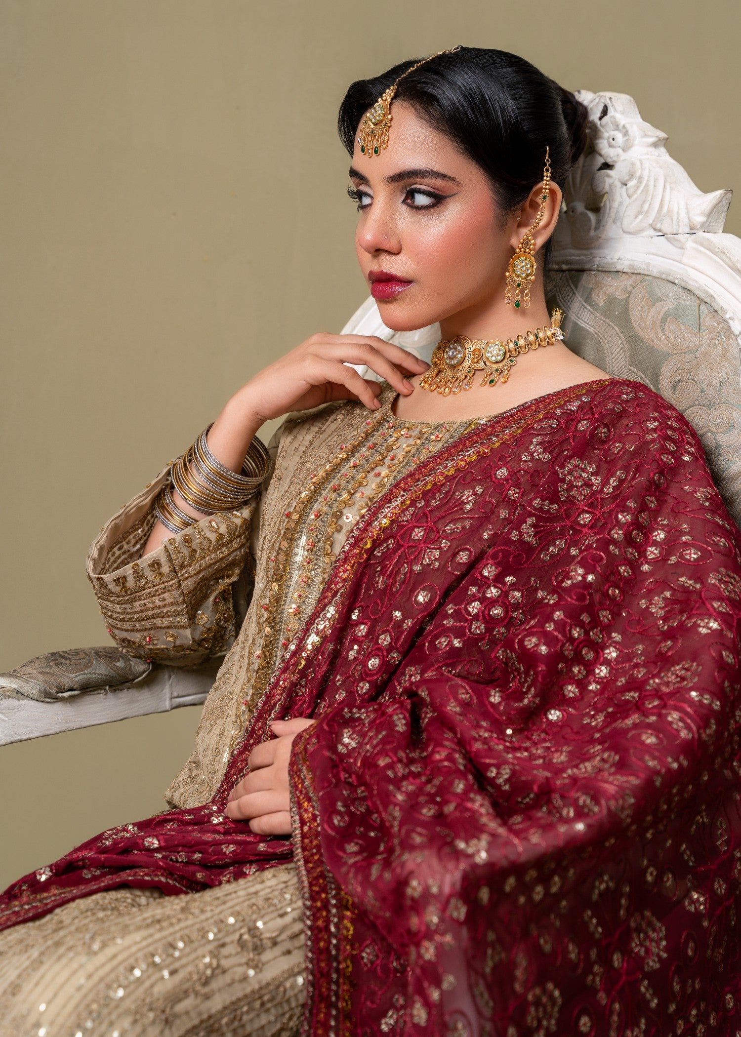 chiffon Kurta Set in Maroon, beige