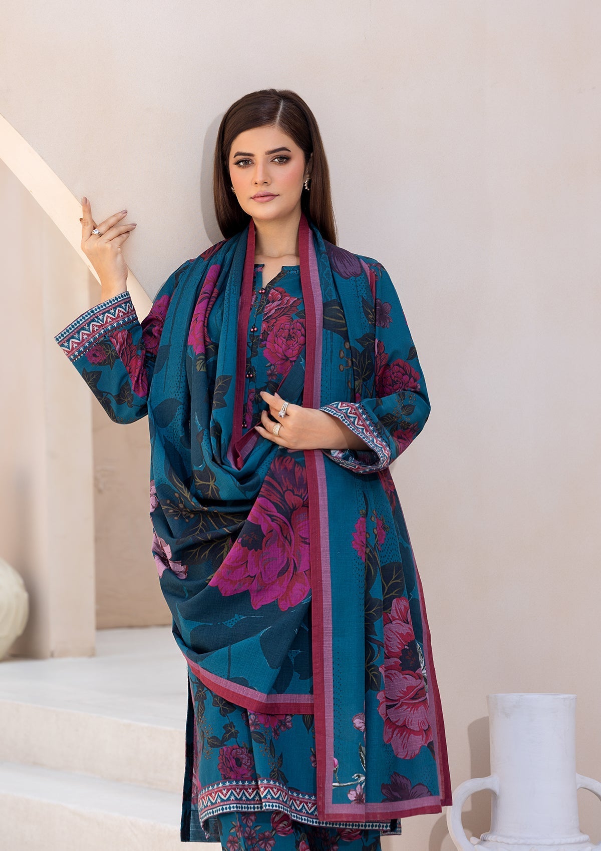 khaddar Kurta Set in Ocean blue