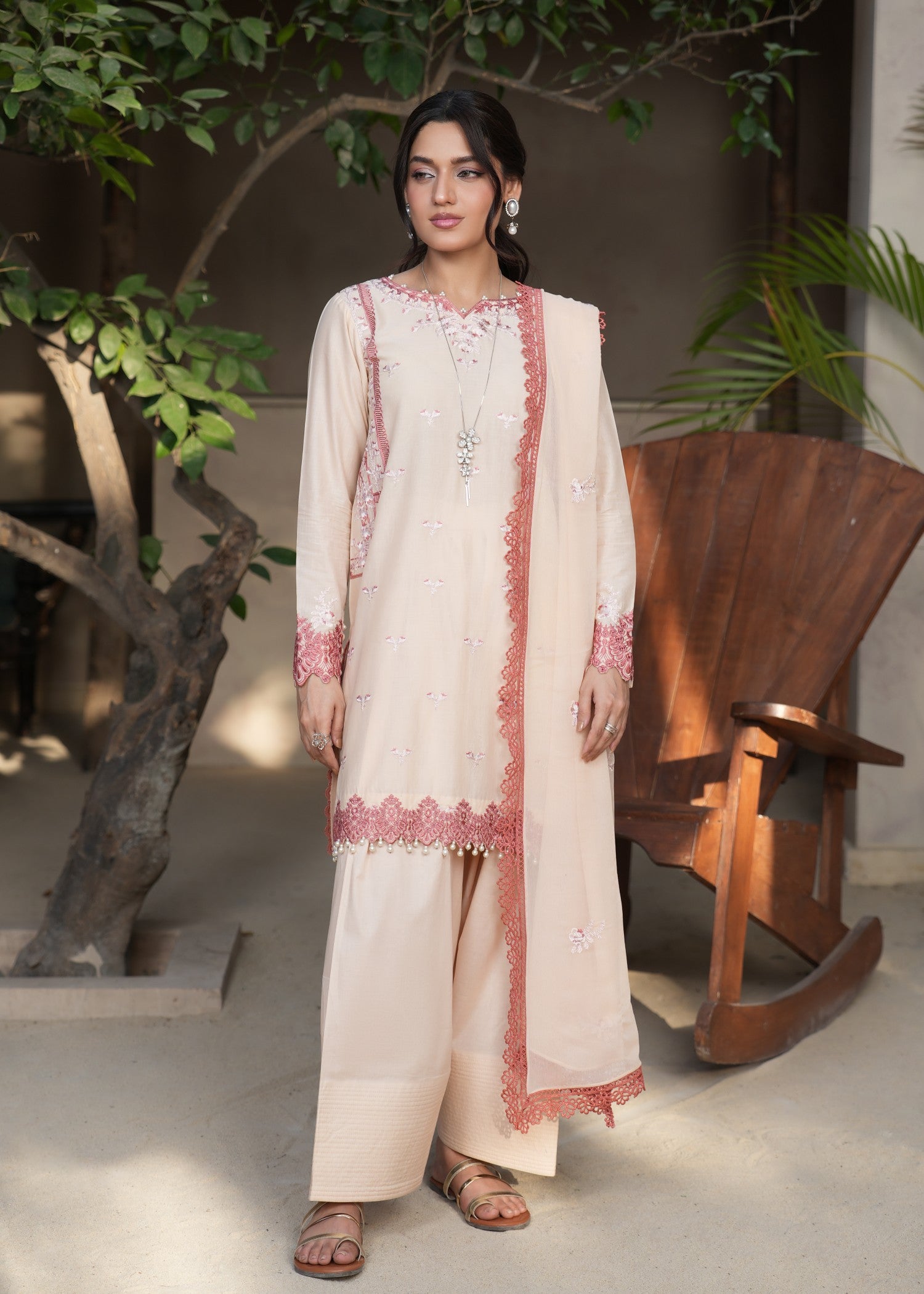 lawn Kurta Set in Apricot orange, peach pink