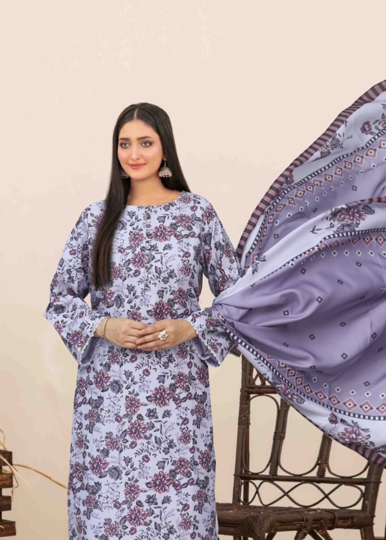 khaddar Kurta Set in Lavender mist