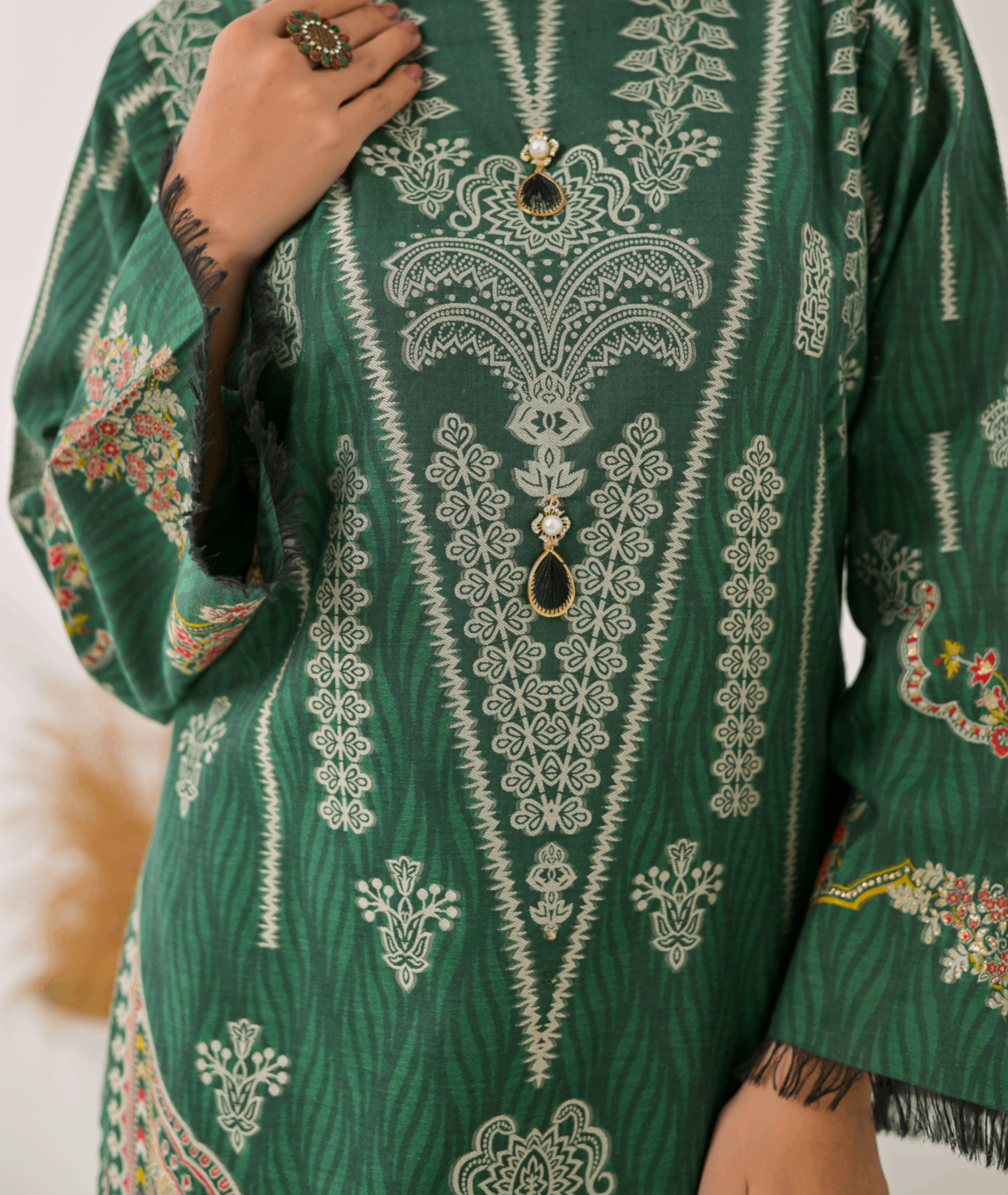 jacquard Kurta Set in Emerald green