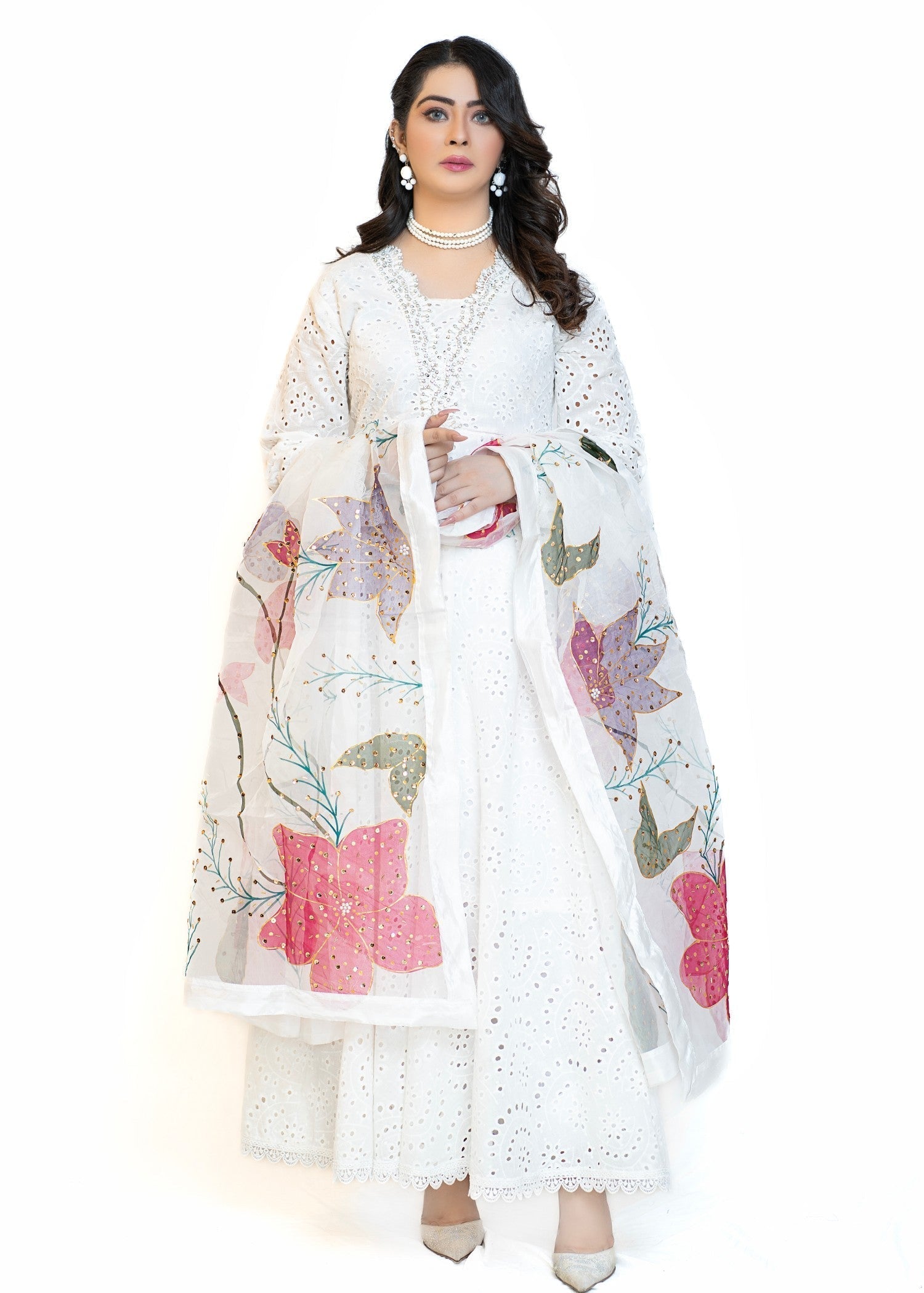 chikankari cotton Maxi in White