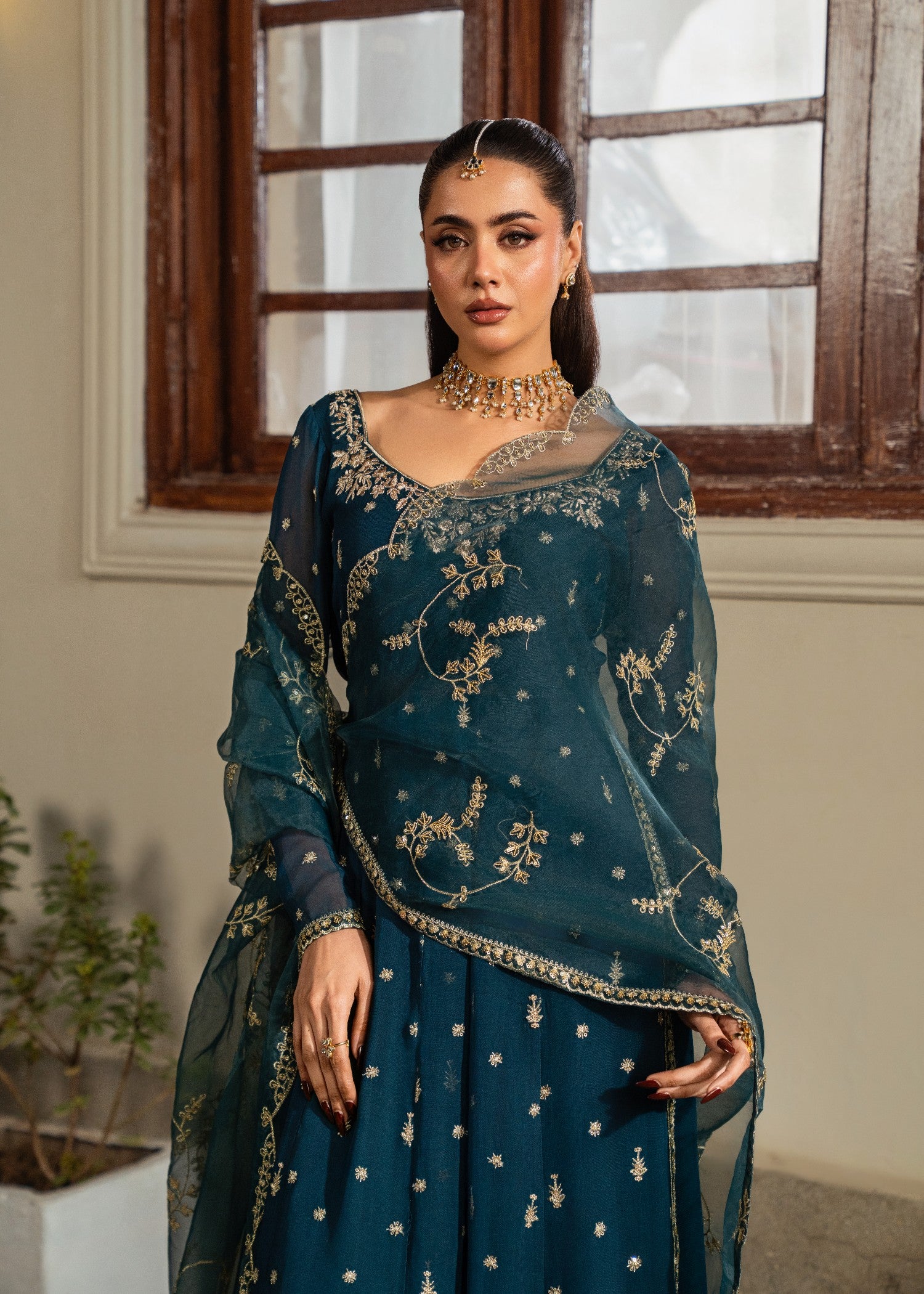 chiffon Pishwas in Bottle green