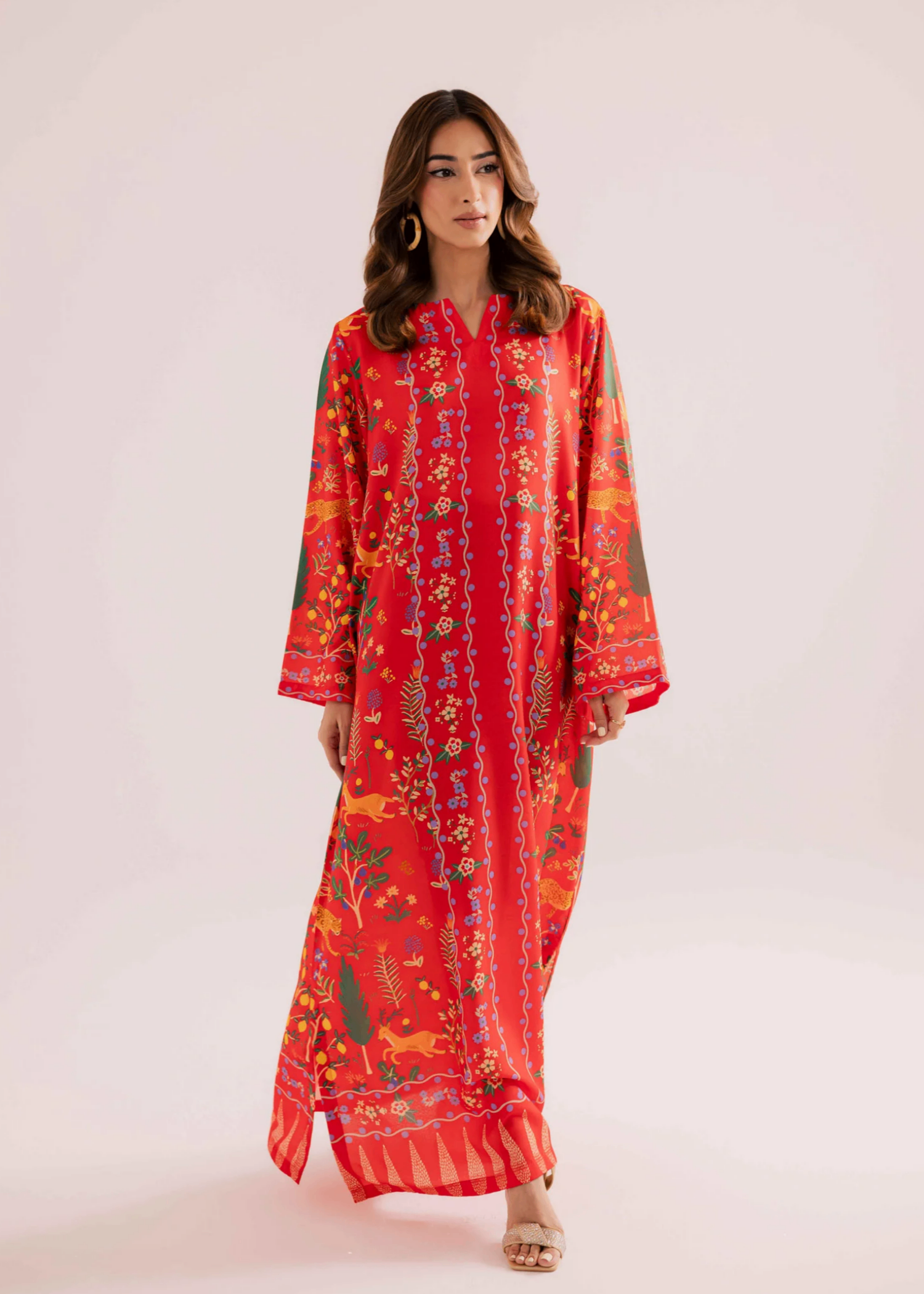 raw silk Kaftan in Fire red