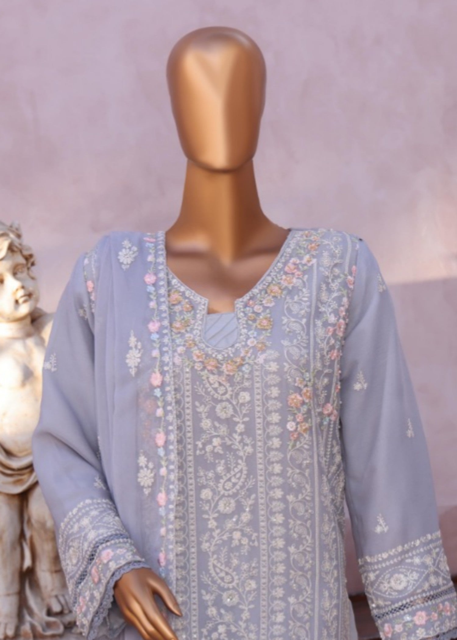 chiffon Kurta Set in Duck egg grey