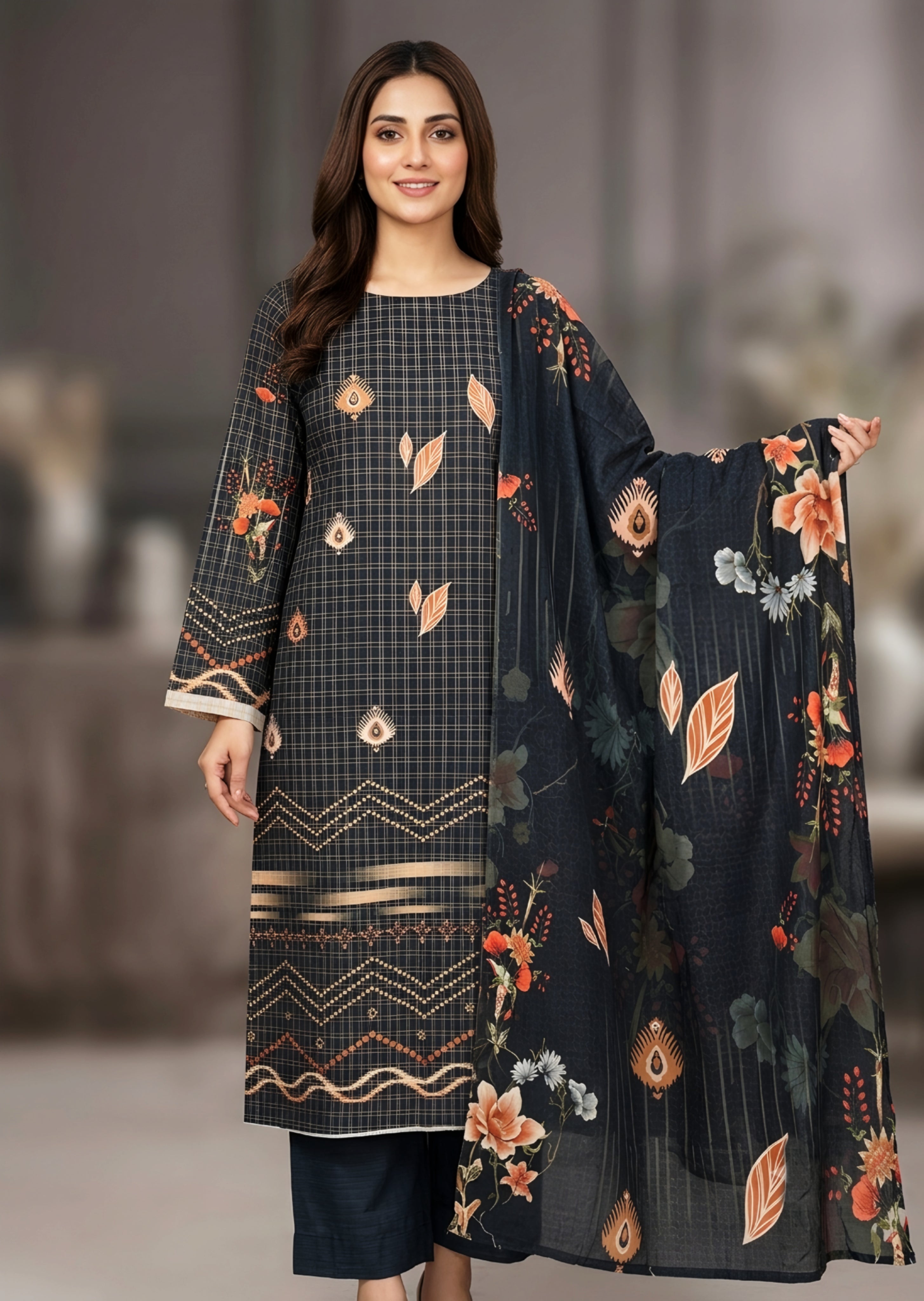 khaddar Unstitched in Charcoal black