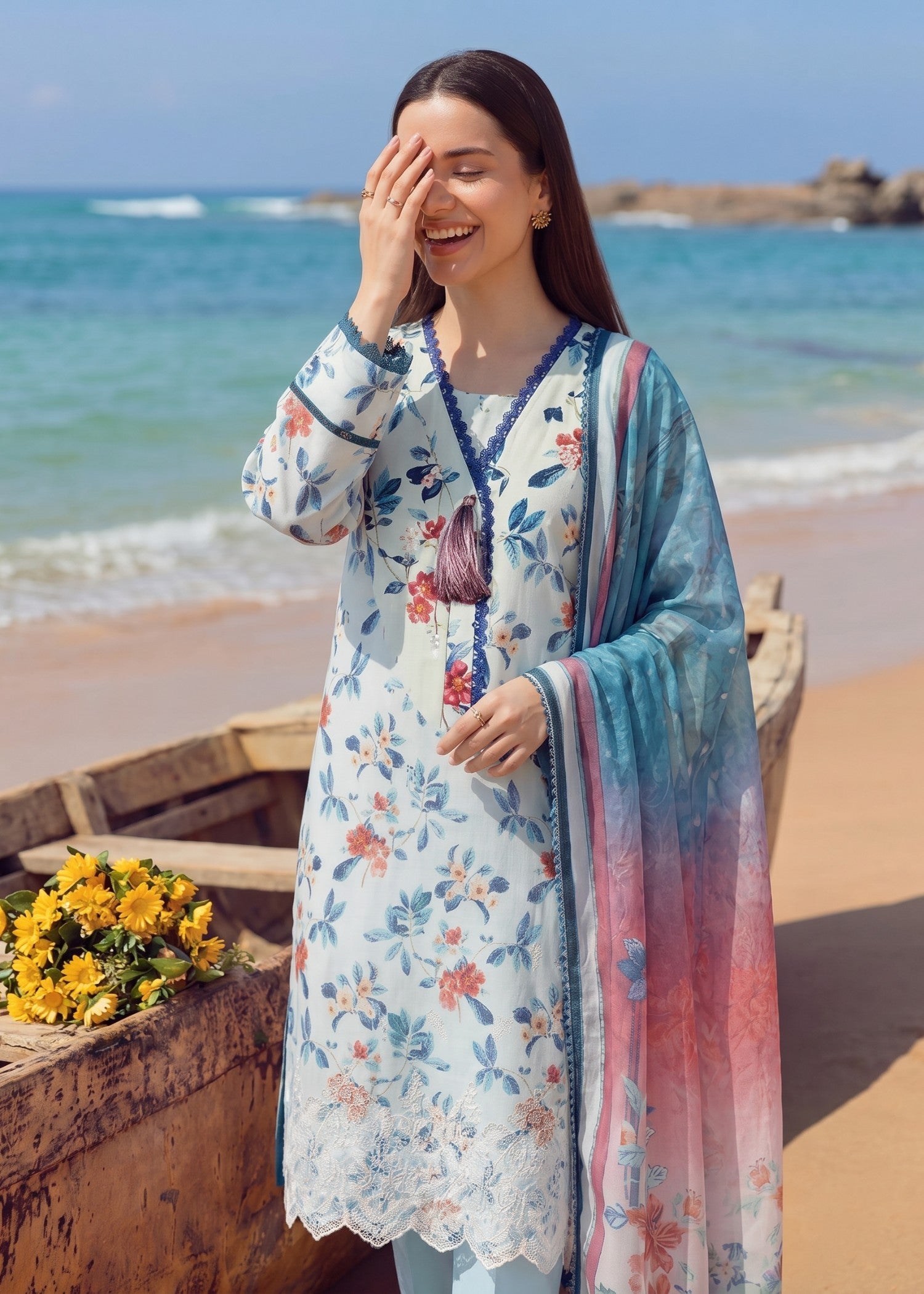 lawn Kurta Set in Powder blue