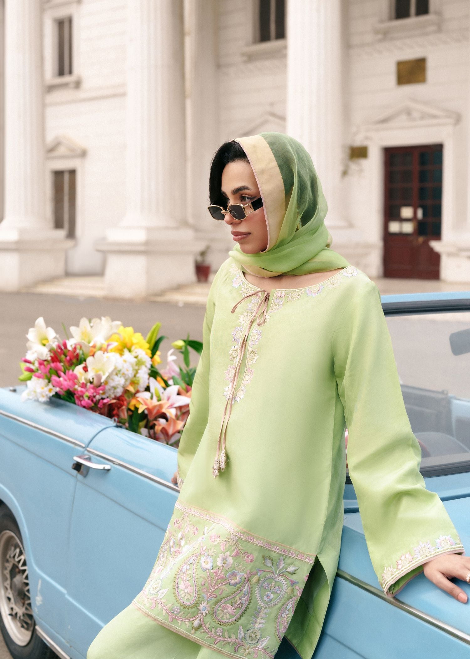 silk tissue Kurta Set in Pistachio green