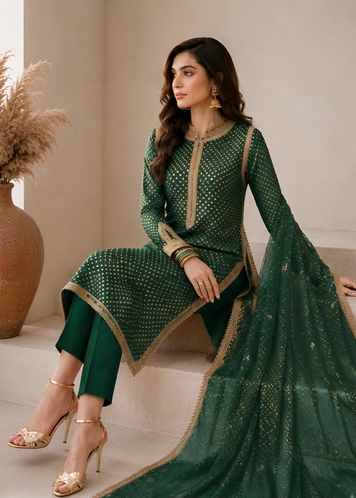 swiss lawn Kurta Set in Bottle green